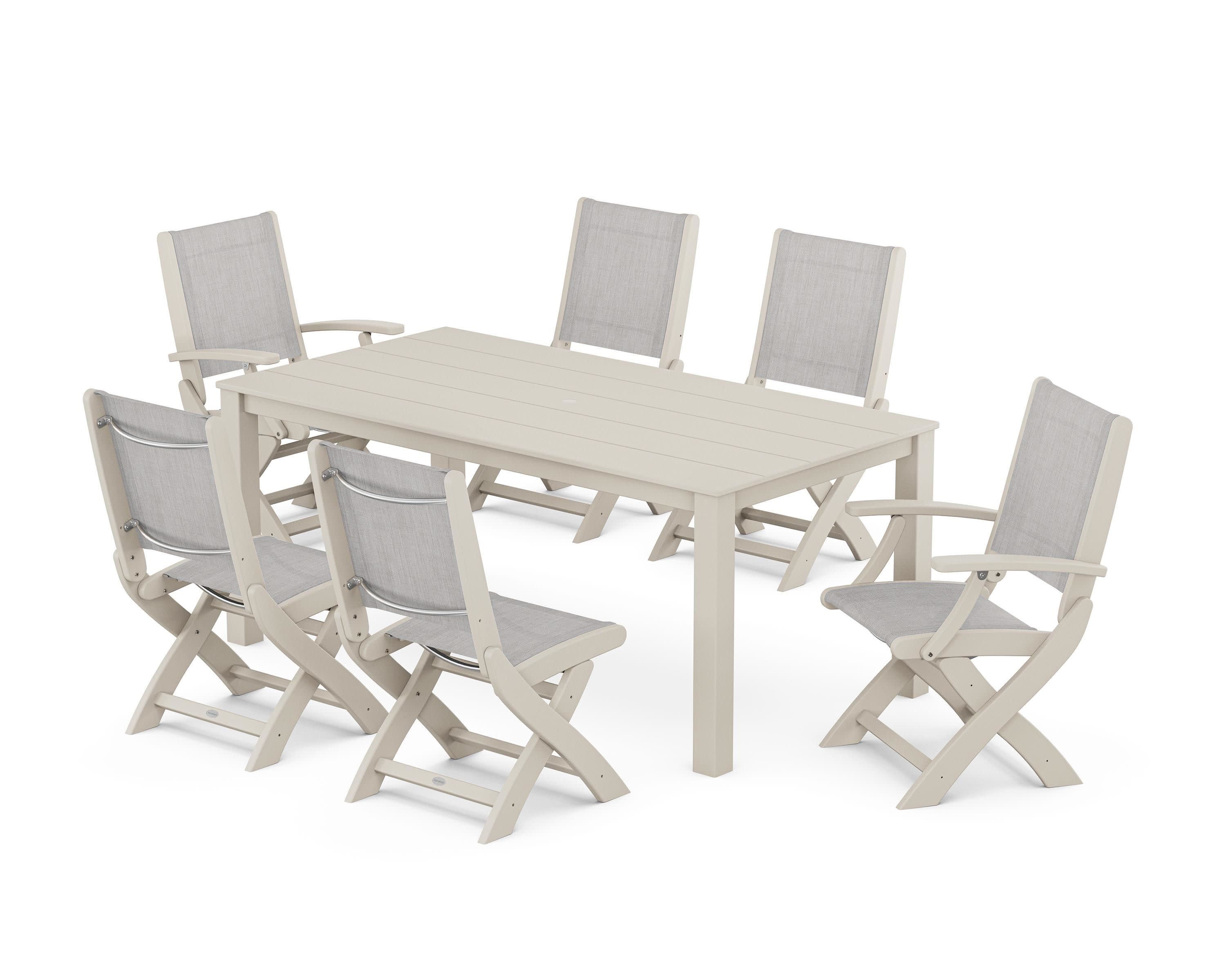 Coastal Folding Chair 7-Piece Parsons Dining Set in Sand / Parchment Sling