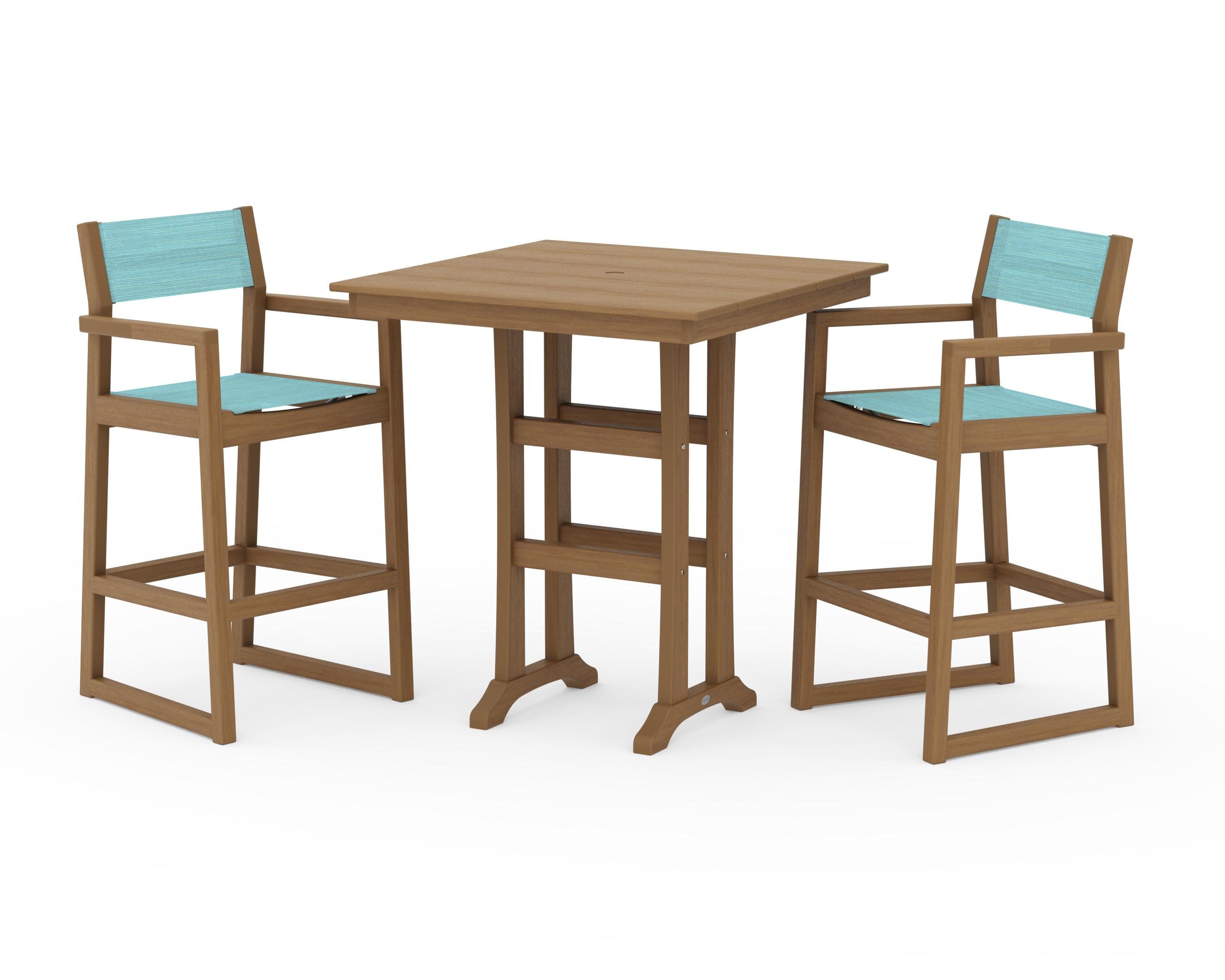 EDGE Sling Arm Chair 3-Piece Farmhouse Bar Set with Trestle Legs in Natural / Dupioni Aquamarine Sling