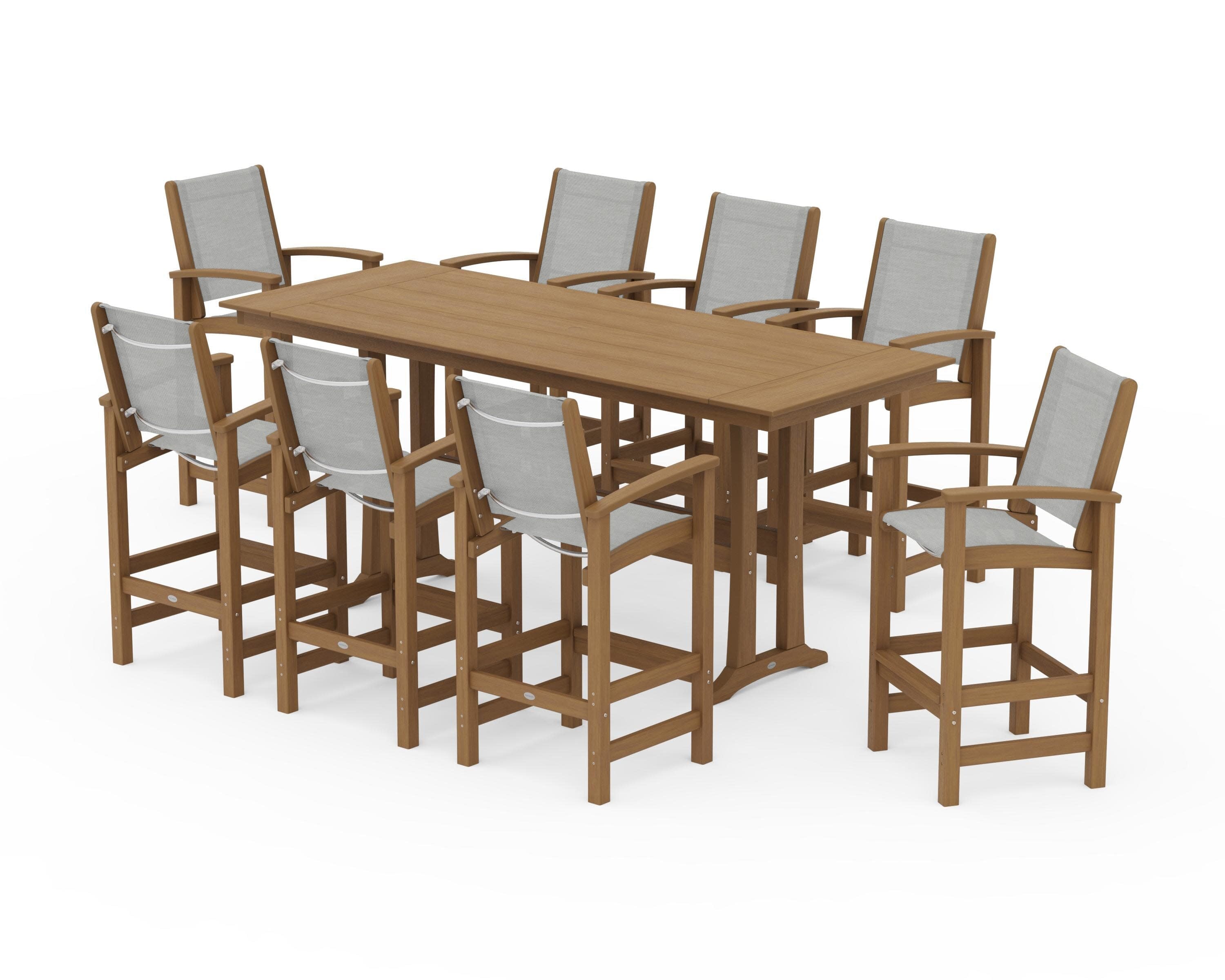 Coastal 9-Piece Farmhouse Bar Set with Trestle Legs in Natural / Metallic Sling