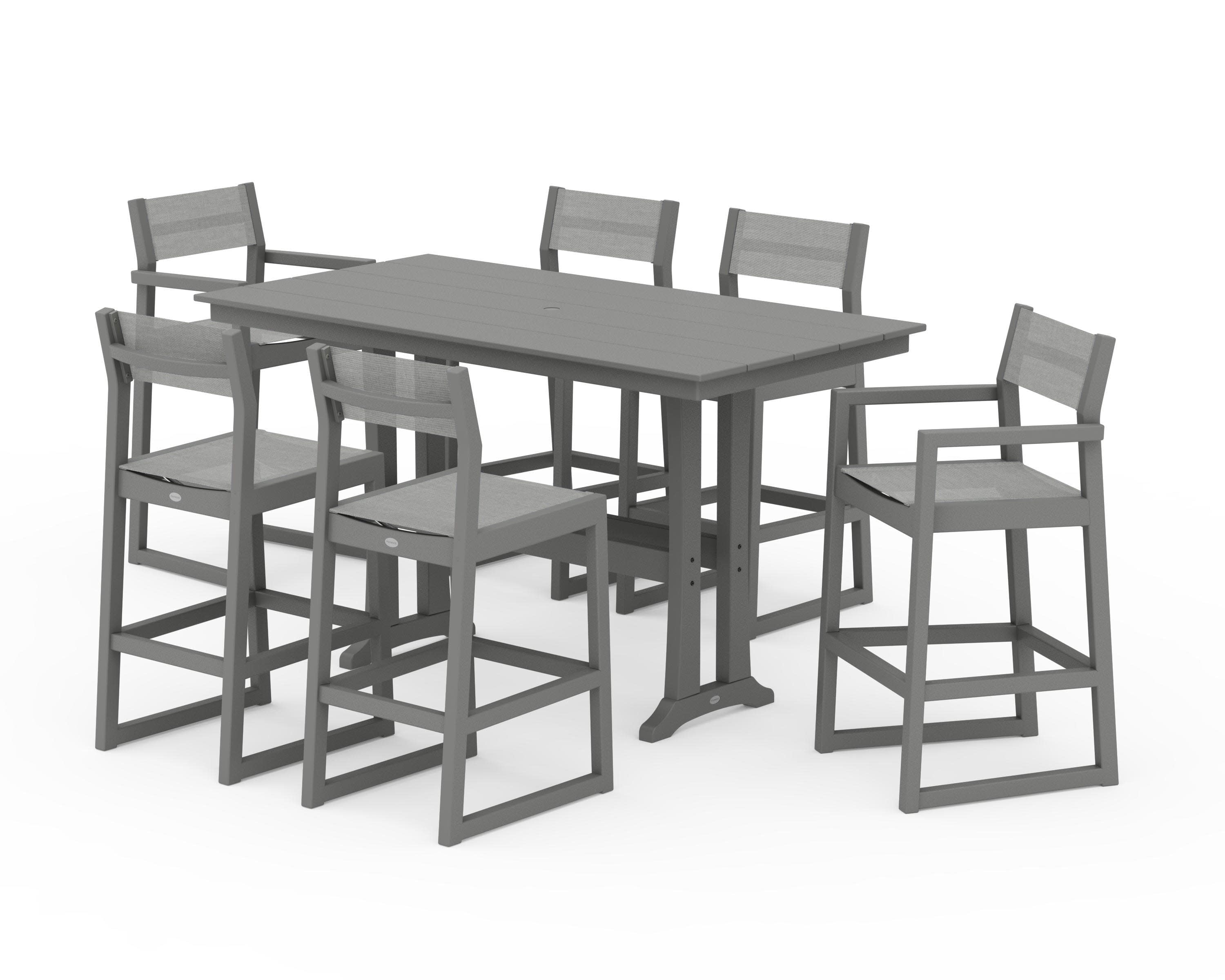 EDGE Sling 7-Piece Farmhouse Bar Set with Trestle Legs in Slate Grey / Metallic Sling