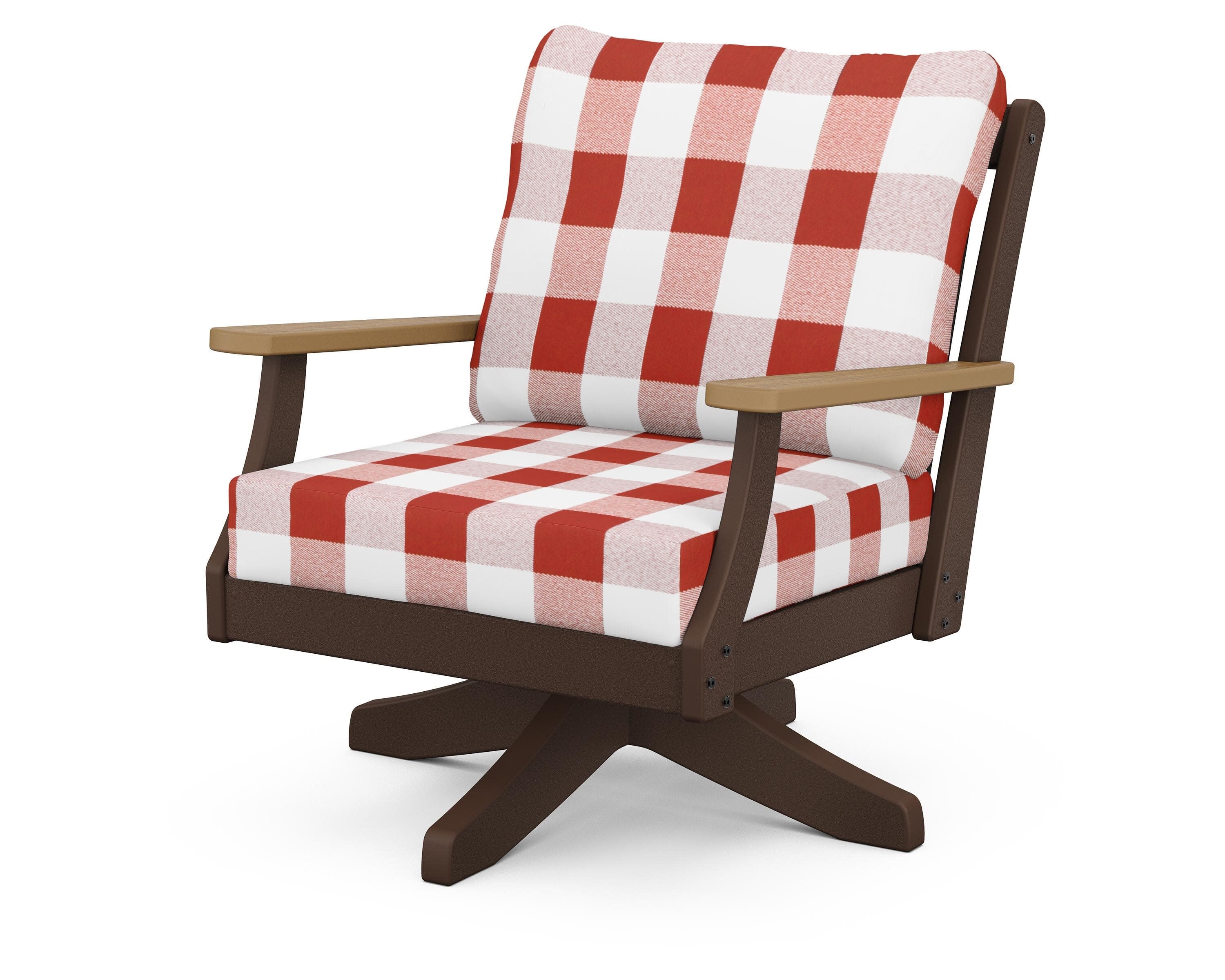 Braxton Deep Seating Swivel Chair in Mahogany / Natural / Buffalo Plaid Crimson