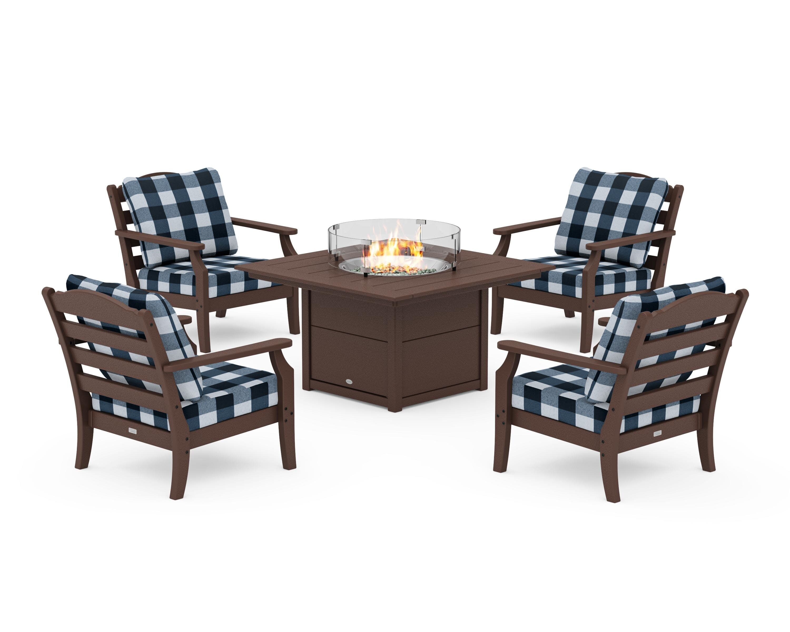 Savannah 5-Piece Deep Seating Set with Fire Pit Table in Mahogany / Buffalo Plaid Marine Indigo