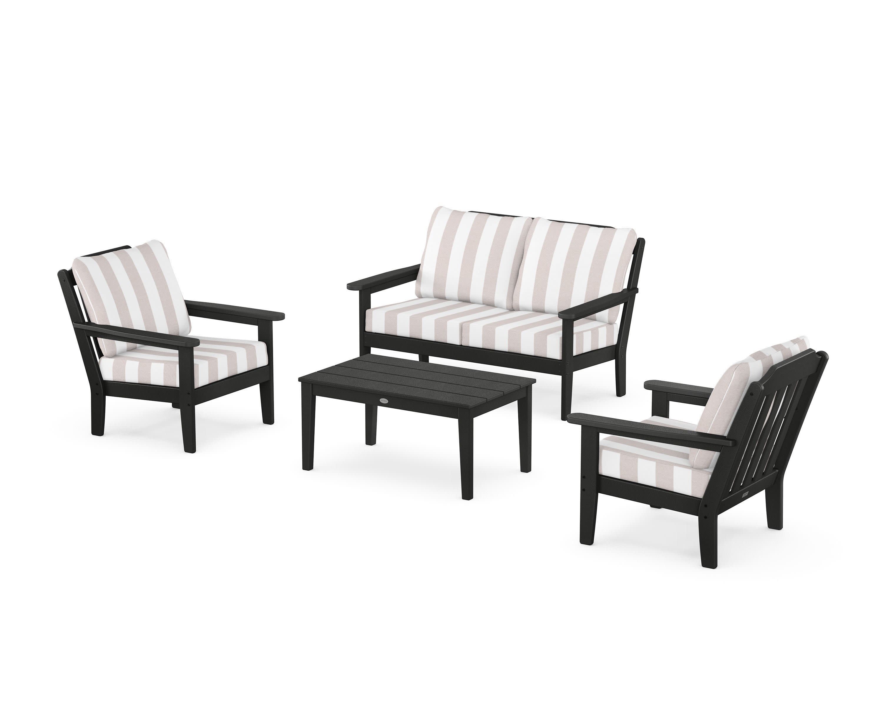 Cottage 4-Piece Deep Seating Set with Loveseat in Black / Cabana Stripe Dune Burlap