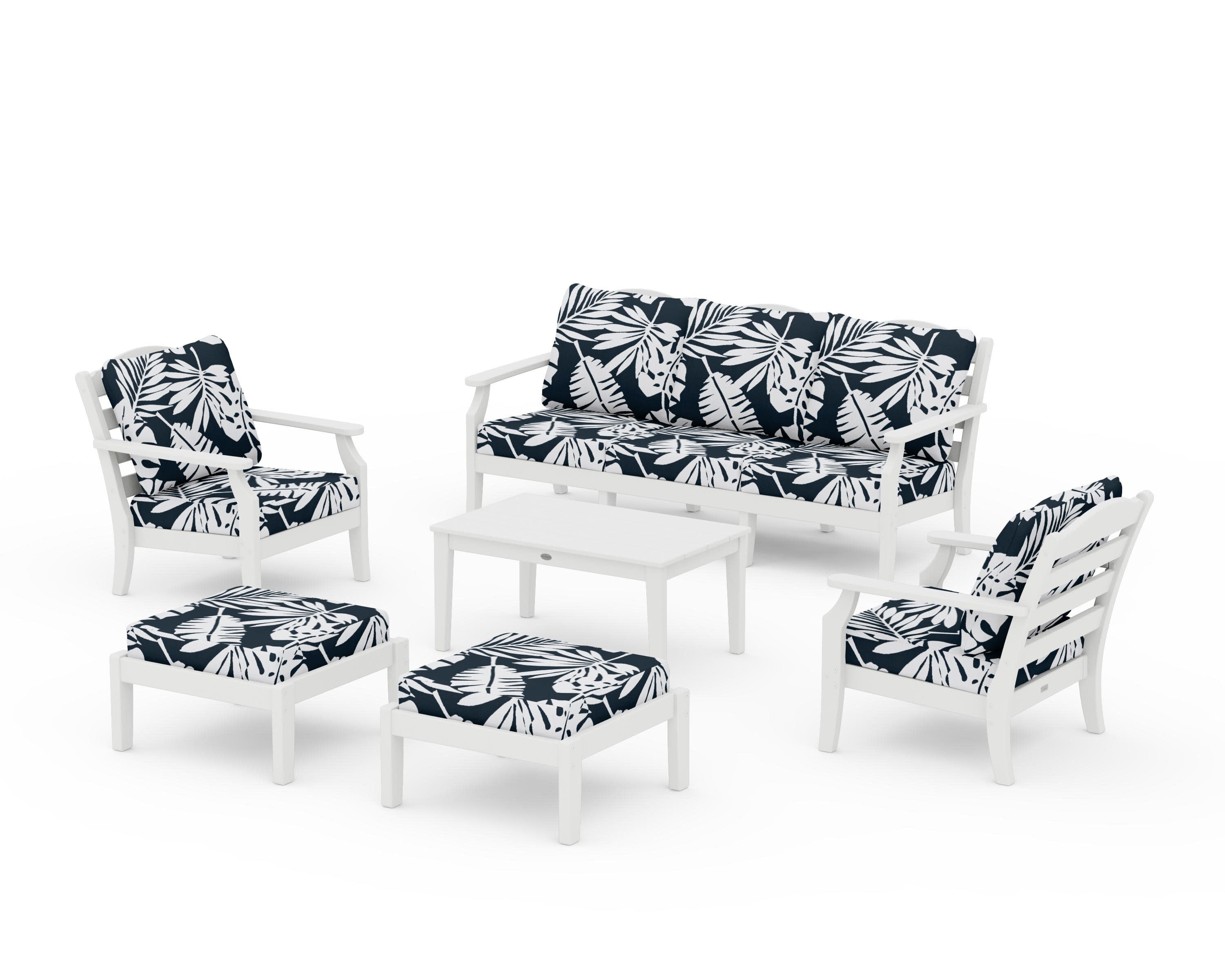 Savannah 6-Piece Lounge Sofa Set in White / Leaf Marine Indigo