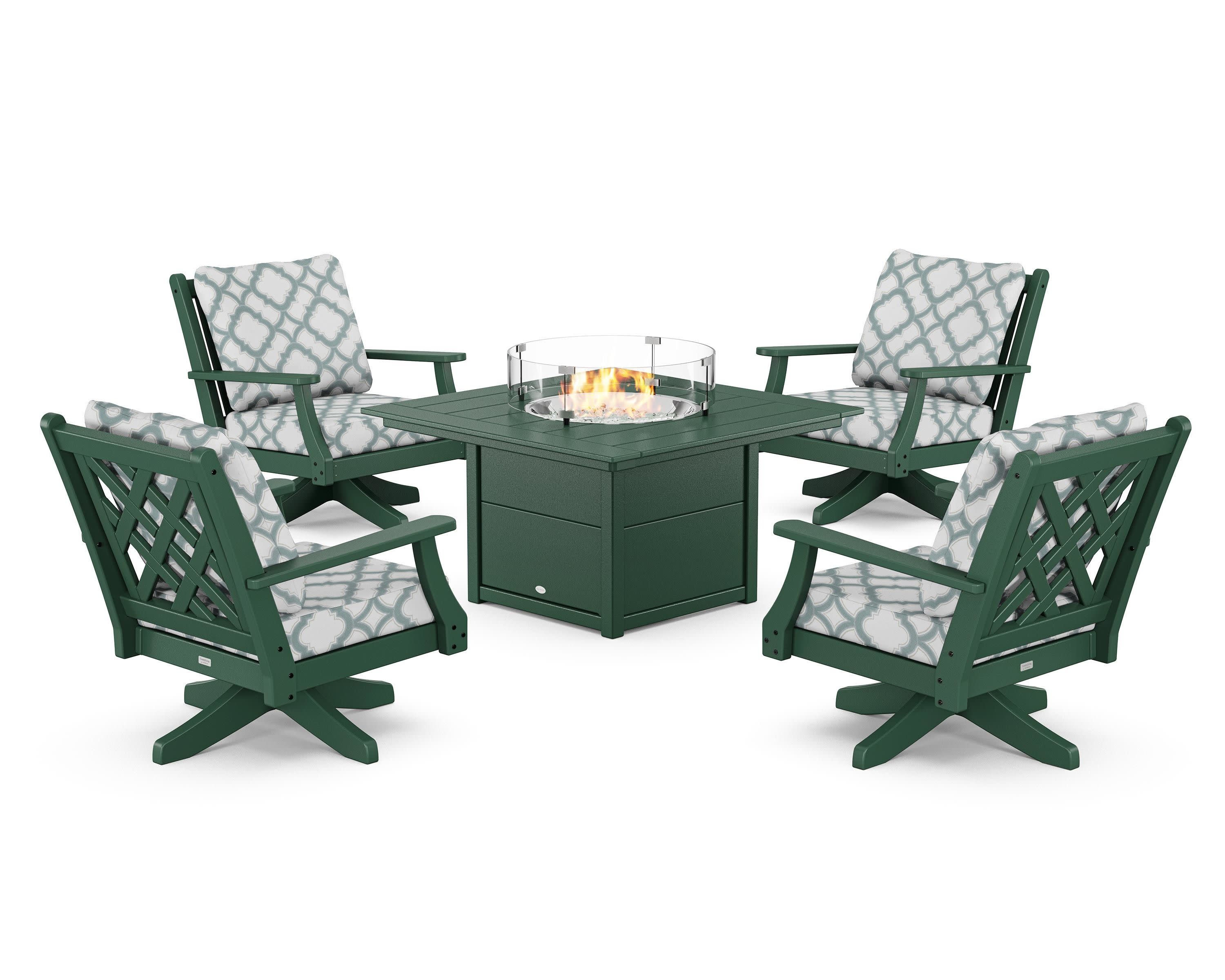 Wovendale 5-Piece Deep Seating Swivel Conversation Set with Fire Pit Table in Green / Trellis Glacier Spa