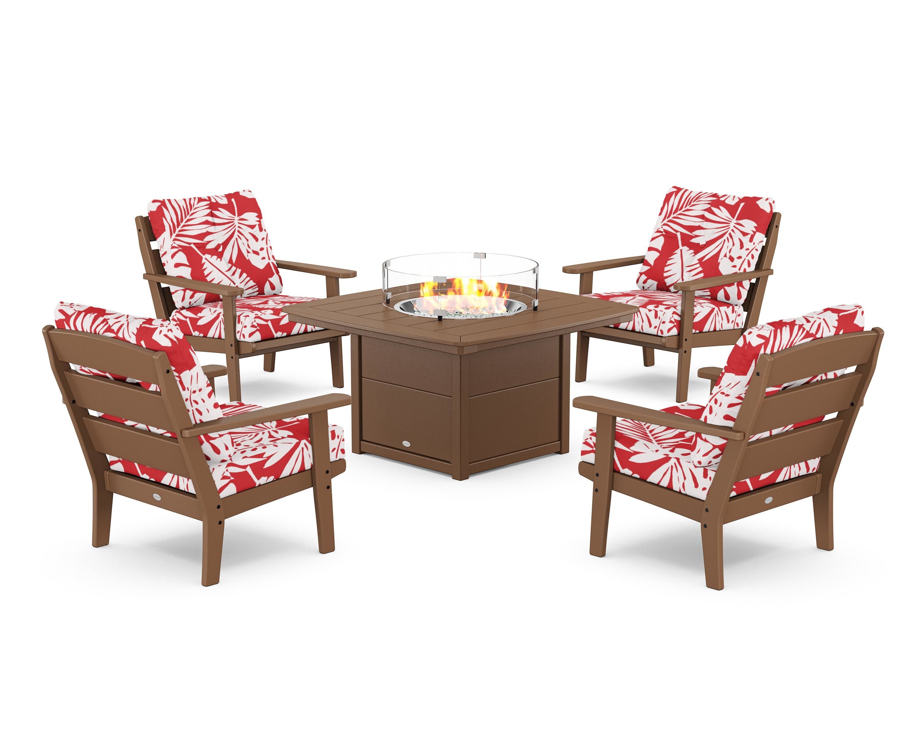Lakeside 5-Piece Deep Seating Set with Nautical Fire Pit Table in Teak / Leaf Crimson
