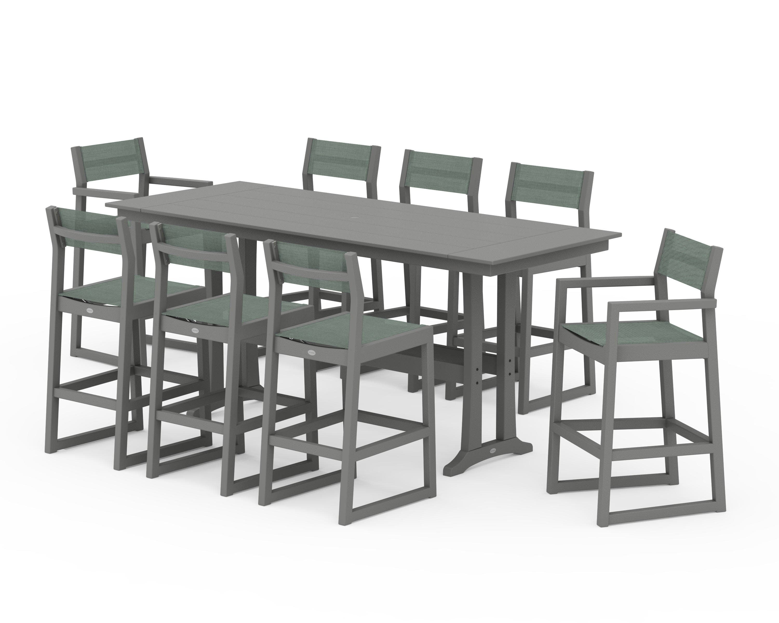 EDGE Sling 9-Piece Farmhouse Bar Set with Trestle Legs in Slate Grey / Dupioni Sea Mist Sling
