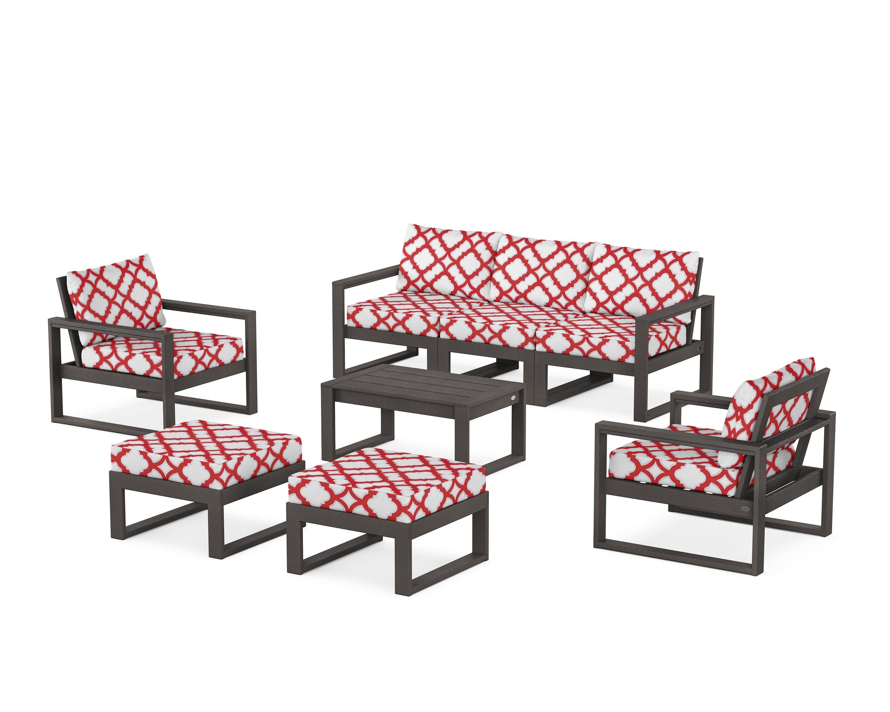 EDGE Sectional 8-Piece Lounge Sofa Set in Vintage Coffee / Trellis Crimson