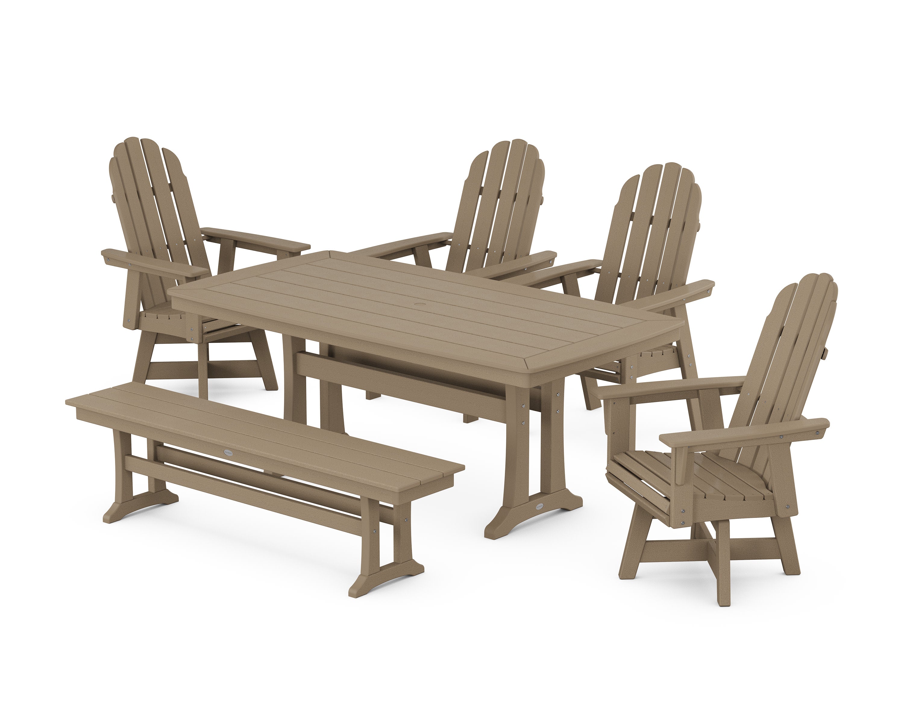 Vineyard Curveback Adirondack Swivel Chair 6-Piece Dining Set with Trestle Legs and Bench in Vintage Sahara