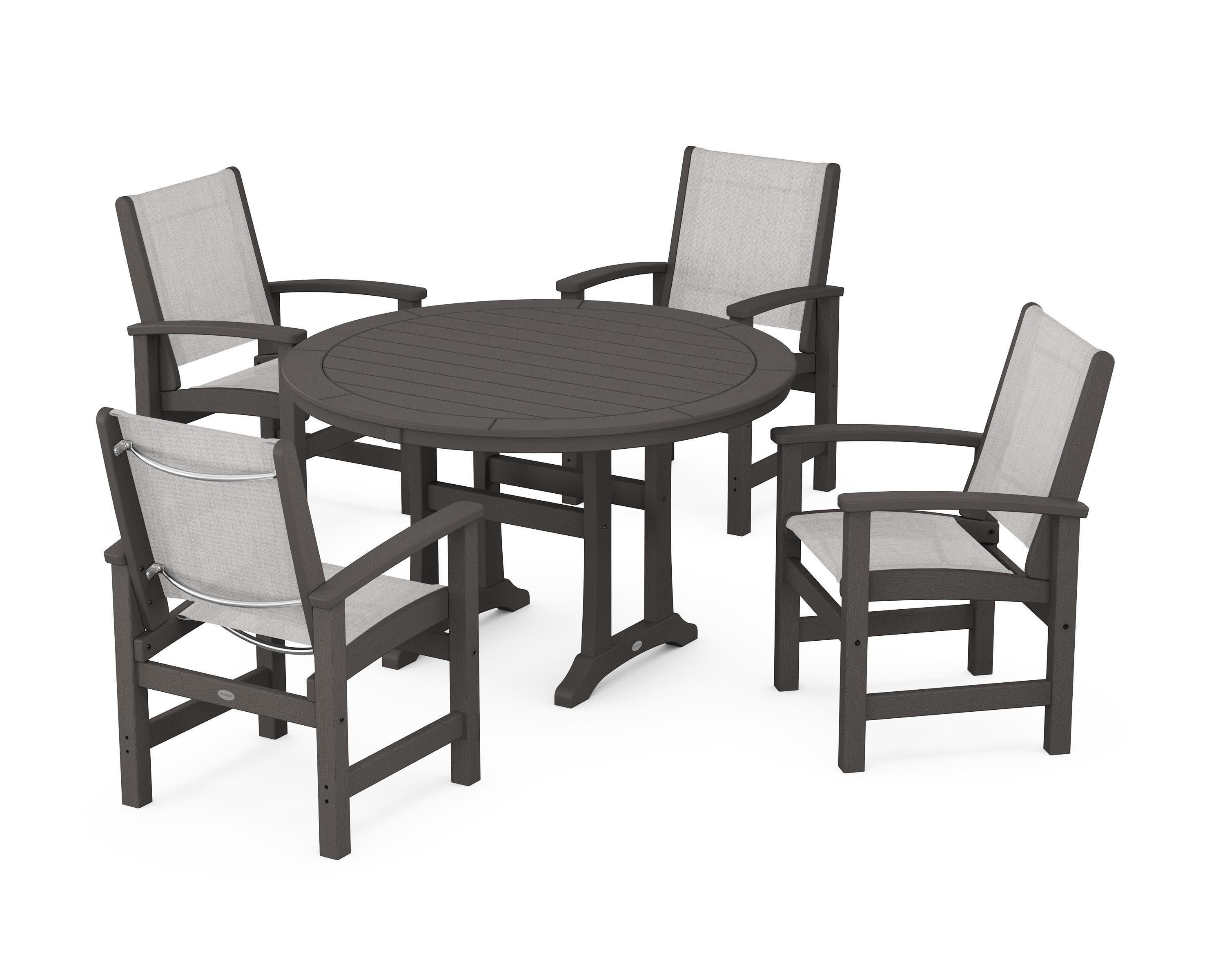 Coastal 5-Piece Round Dining Set with Trestle Legs in Vintage Coffee / Parchment Sling