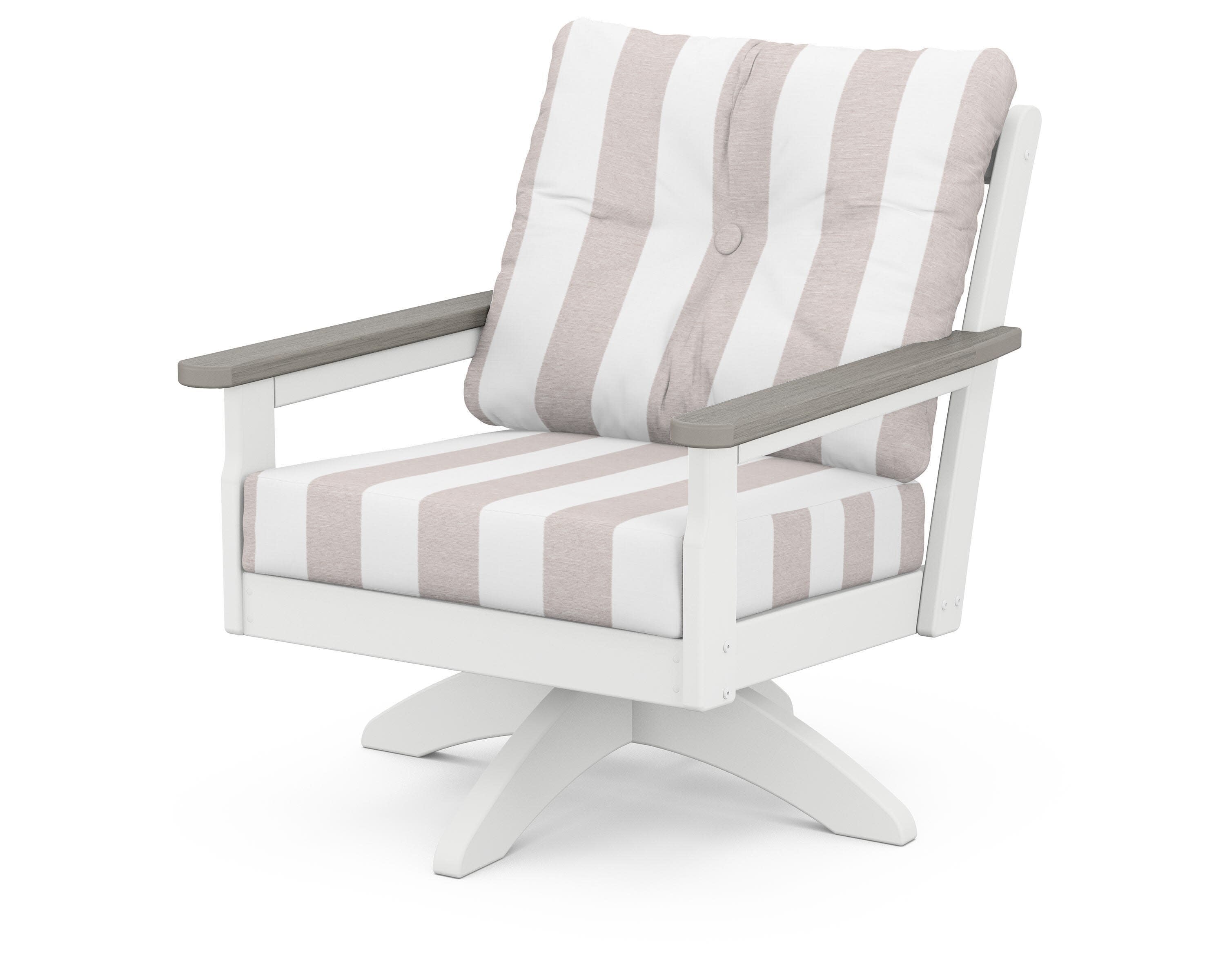Vineyard Deep Seating Swivel Chair in White / Driftwood / Cabana Stripe Dune Burlap