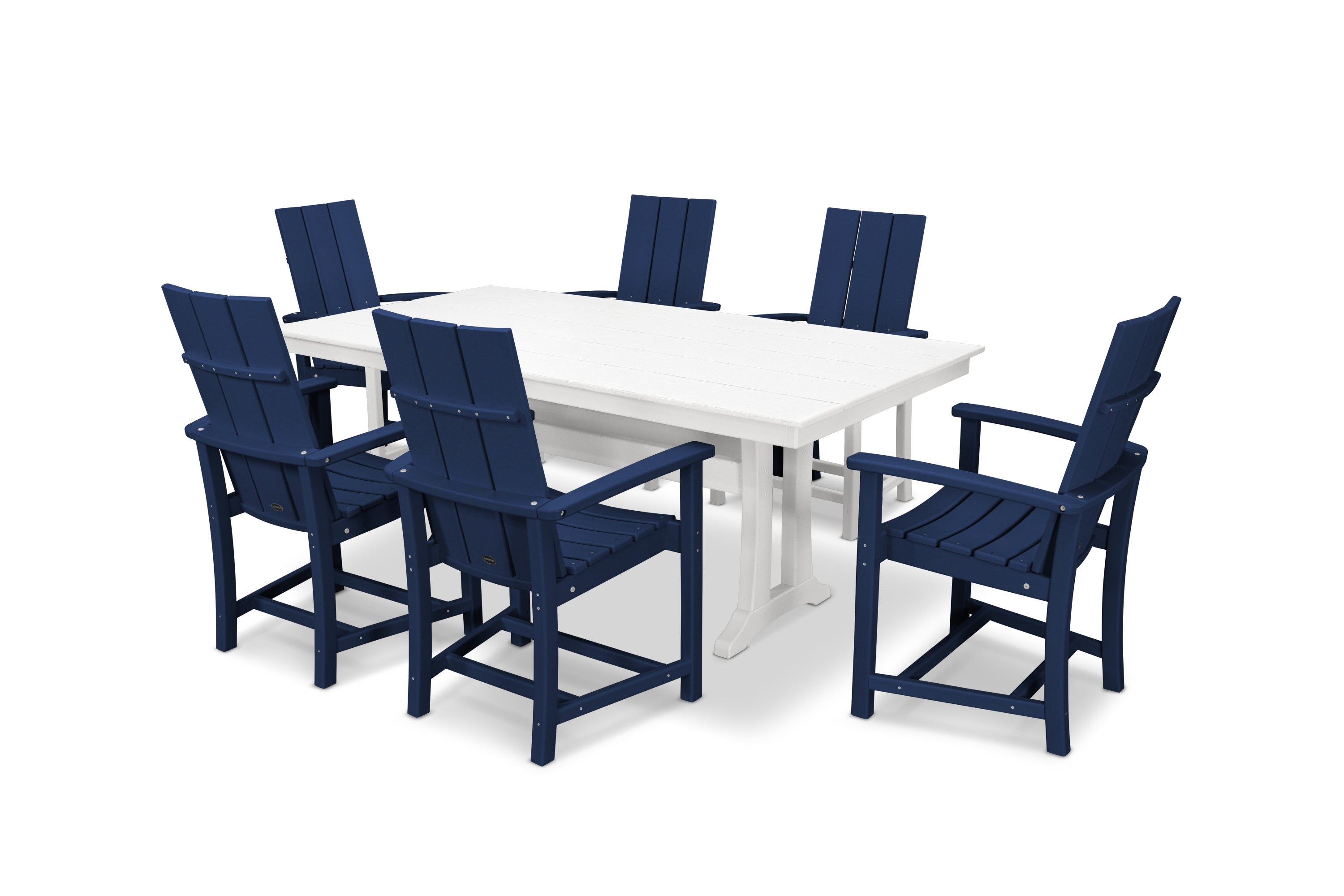 Modern Adirondack 7-Piece Farmhouse Dining Set with Trestle Legs in Navy / White