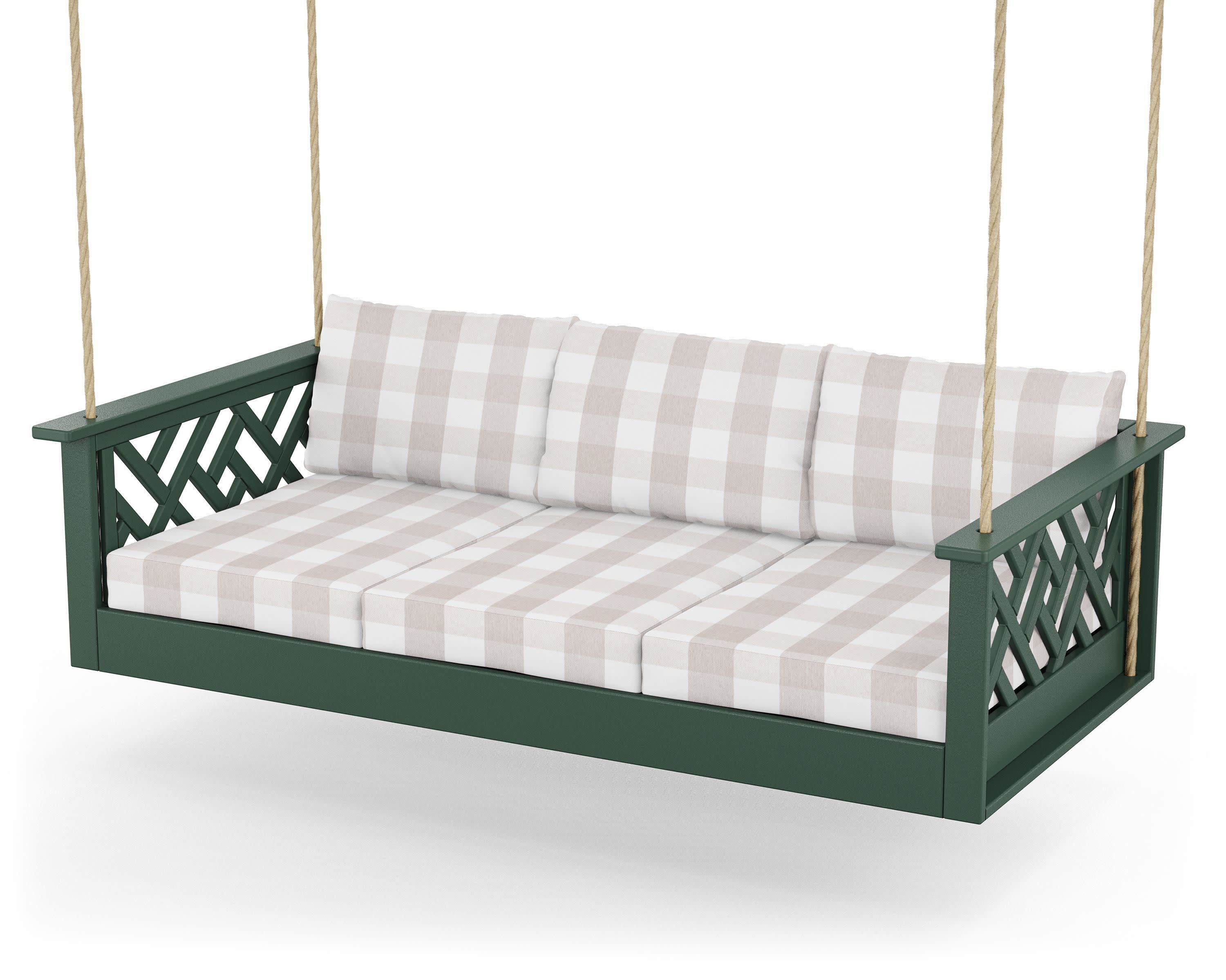 Chippendale Daybed Swing in Green / Buffalo Plaid Dune Burlap