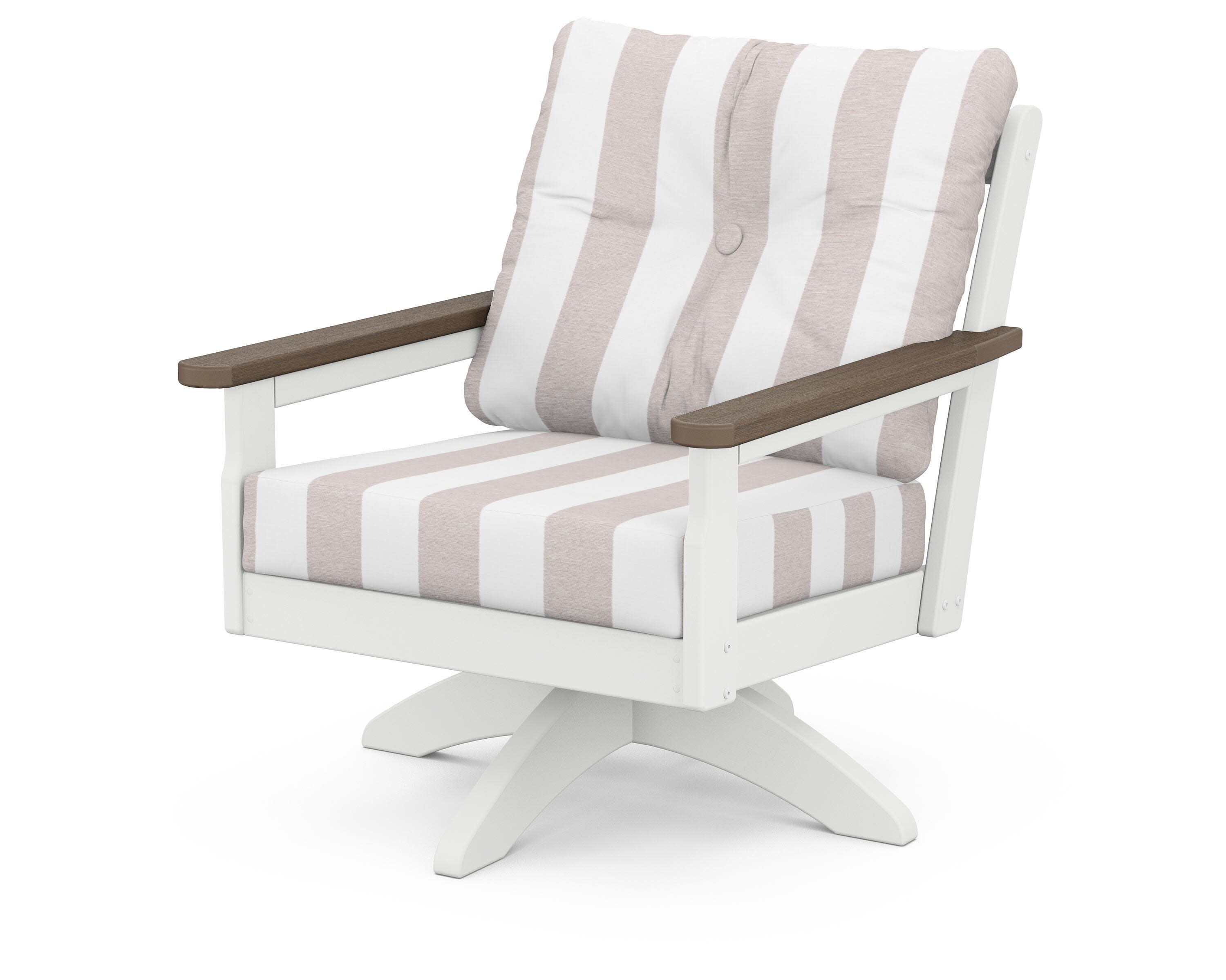 Vineyard Deep Seating Swivel Chair in White / Kona / Cabana Stripe Dune Burlap
