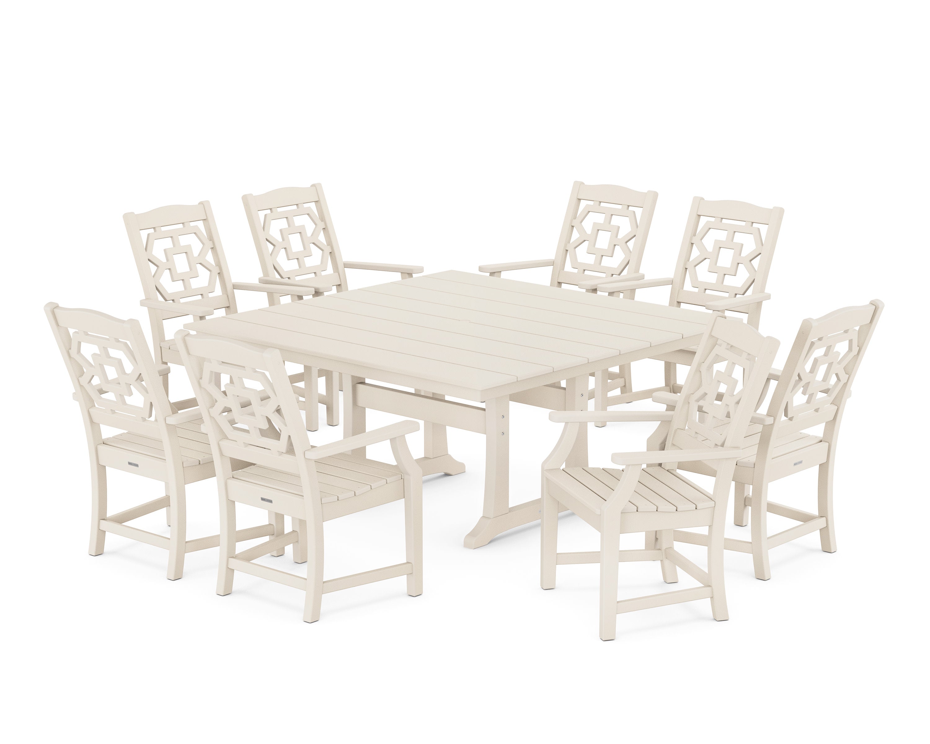 Chinoiserie 9-Piece Square Farmhouse Dining Set with Trestle Legs in Sand