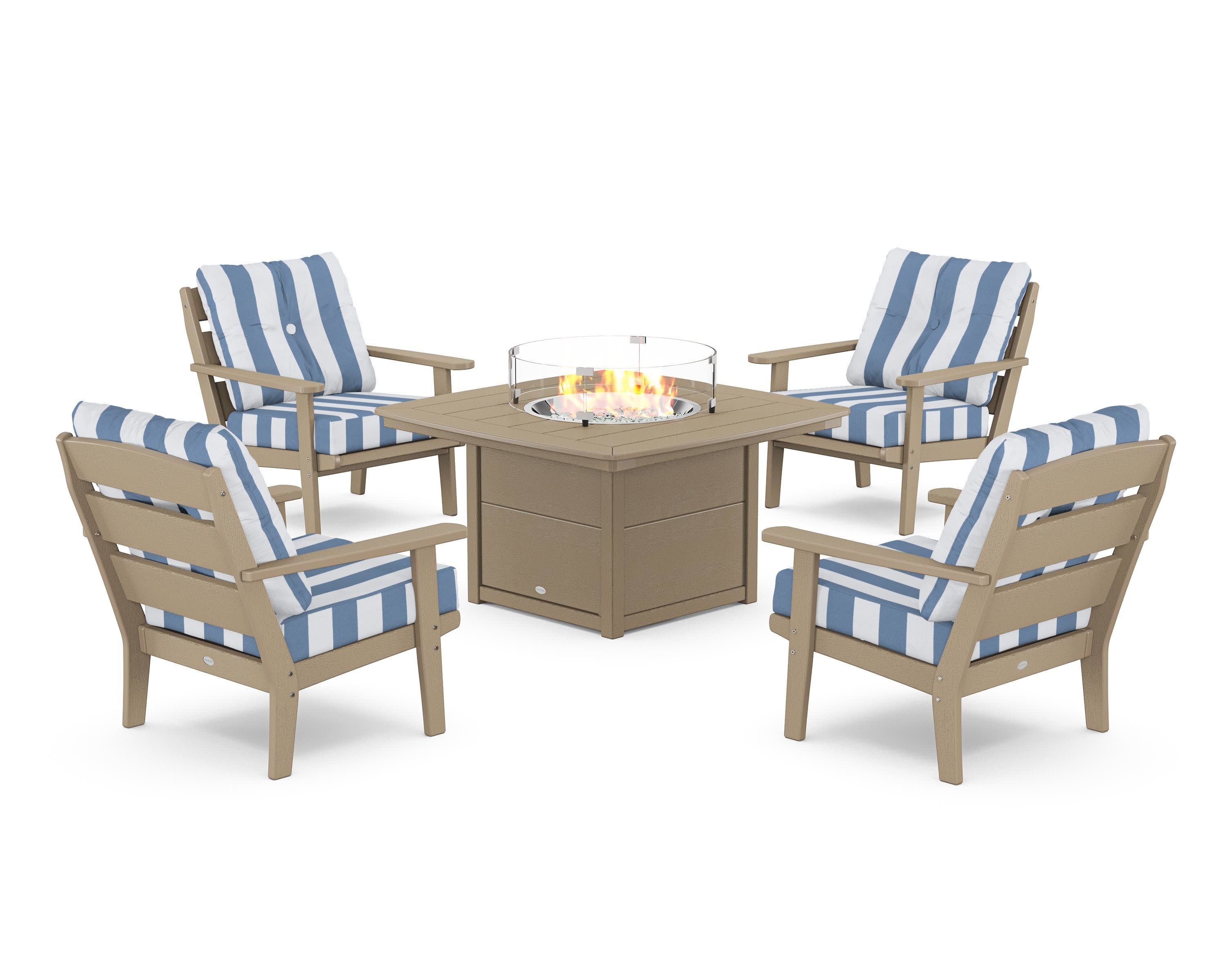 Lakeside 5-Piece Deep Seating Set with Nautical Fire Pit Table in Vintage Sahara / Cabana Stripe Sky Blue