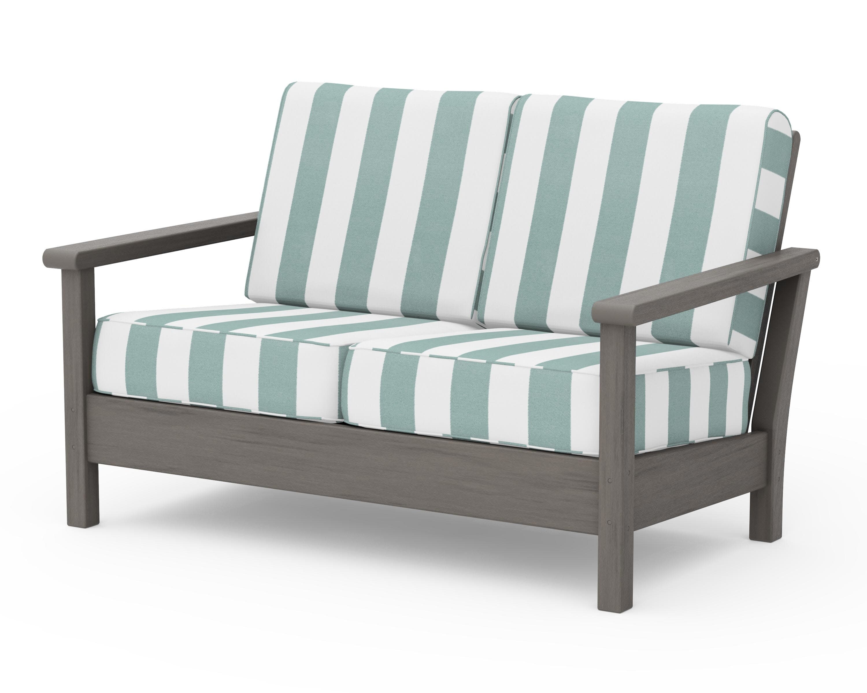 Harbour Deep Seating Loveseat in Driftwood / Cabana Stripe Glacier Spa
