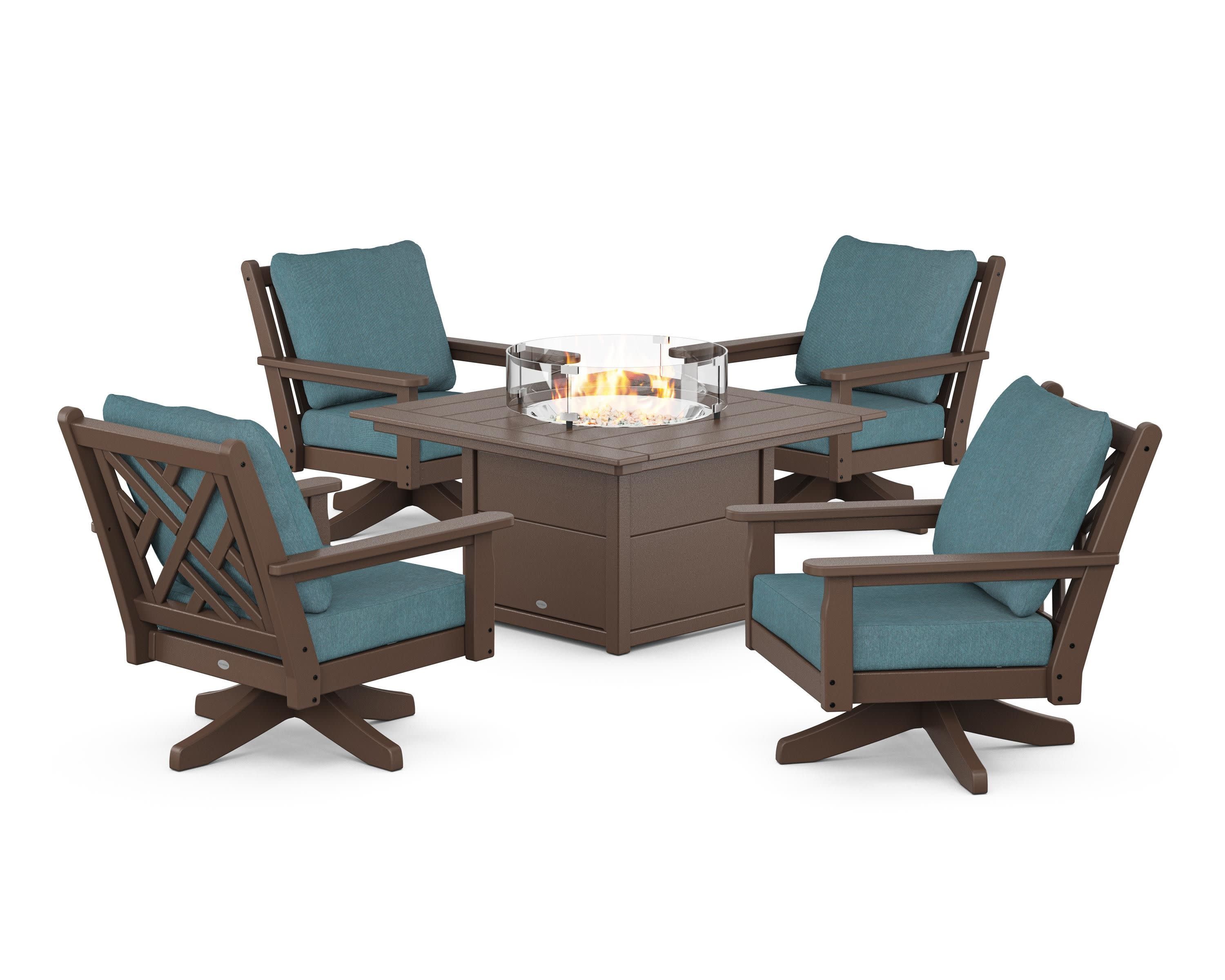 Chippendale 5-Piece Deep Seating Swivel Conversation Set with Fire Pit Table in Mahogany / Ocean Teal