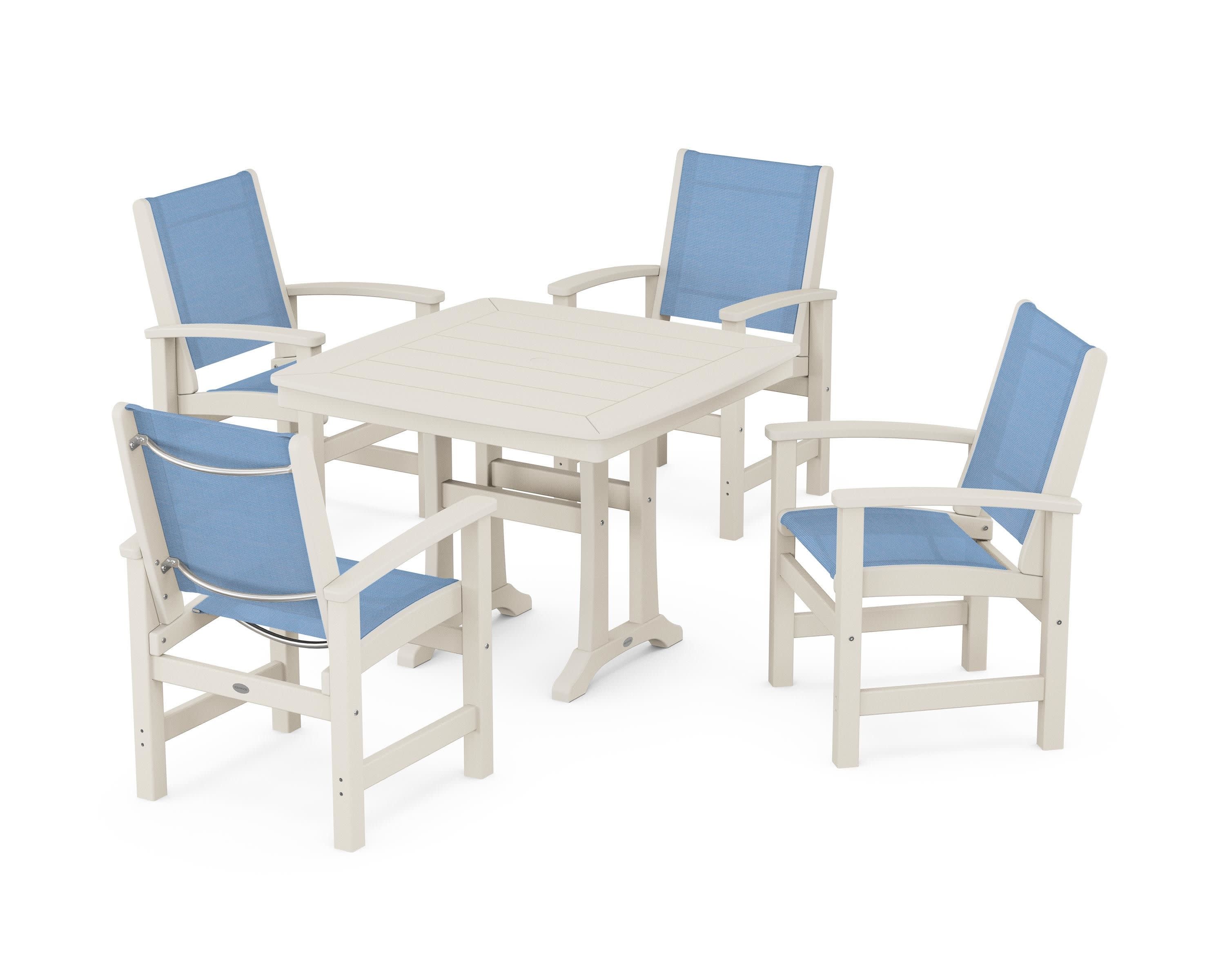 Coastal 5-Piece Dining Set with Trestle Legs in Sand / Poolside Sling