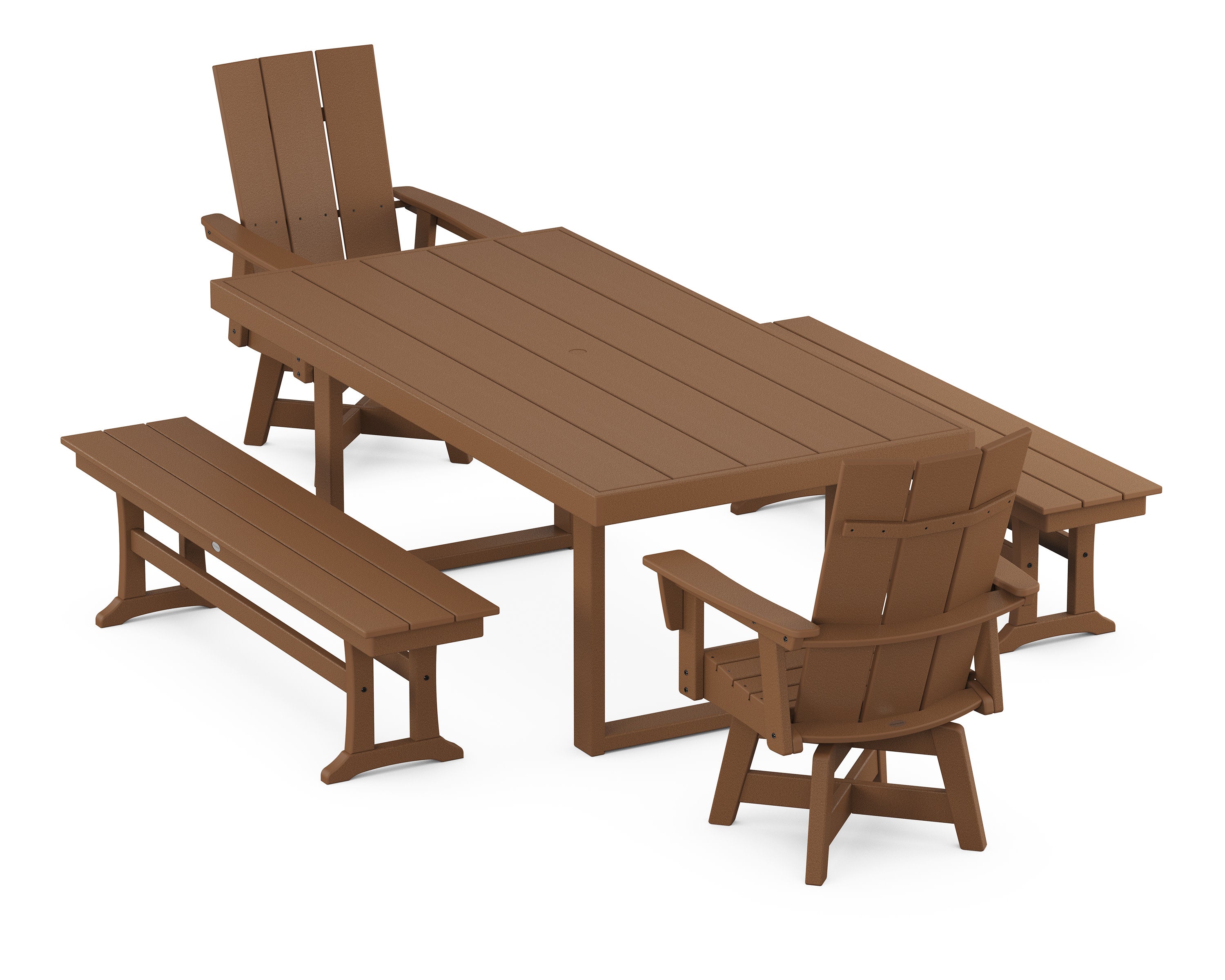 Modern Adirondack Swivel Chair 5-Piece Dining Set with Benches in Teak
