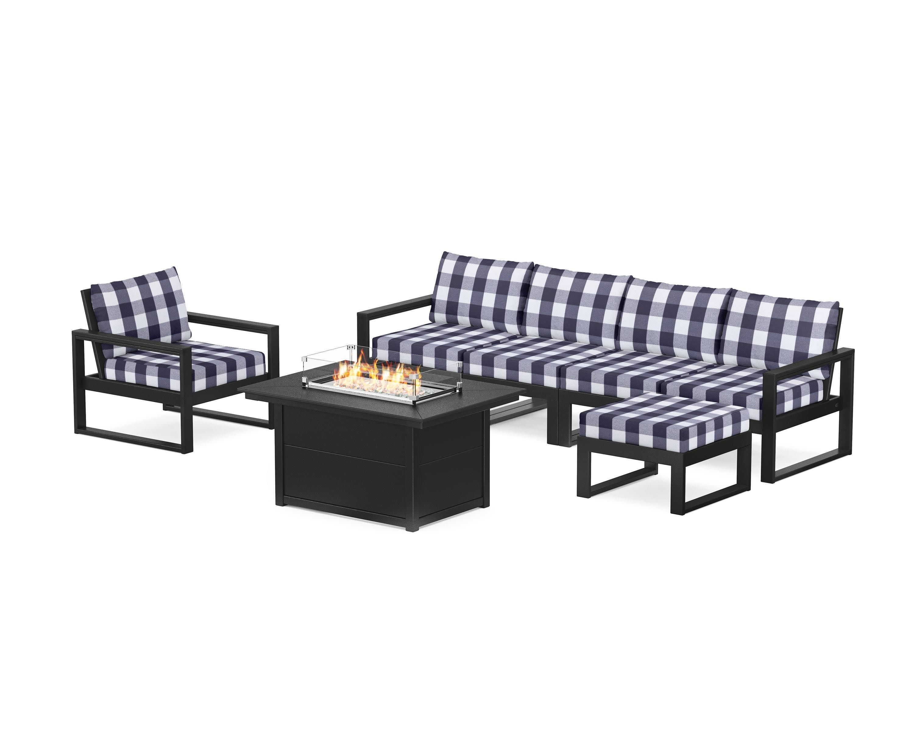 EDGE Sectional Lounge and Fire Pit Set in Black / Buffalo Plaid Navy