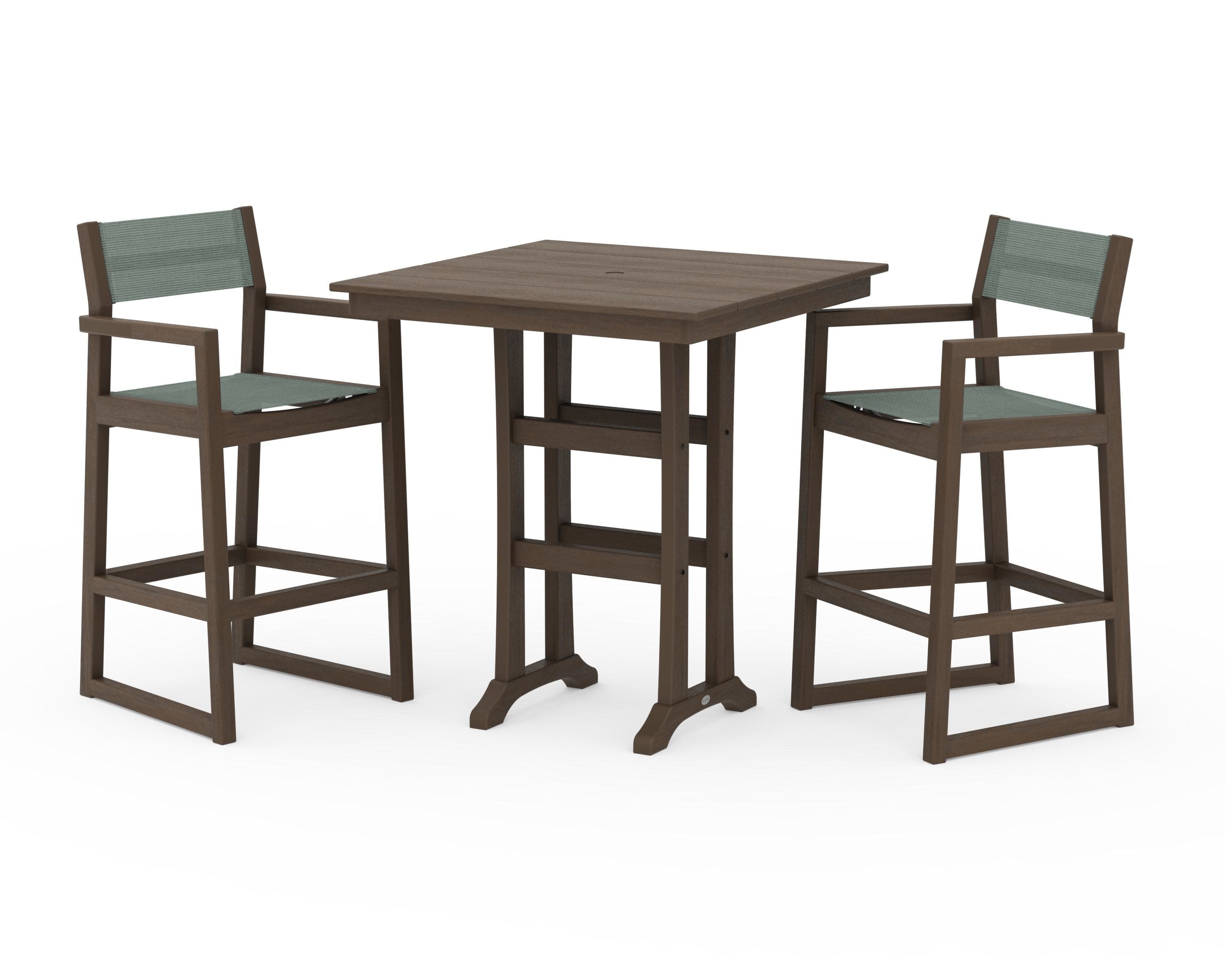 EDGE Sling Arm Chair 3-Piece Farmhouse Bar Set with Trestle Legs in Kona / Dupioni Sea Mist Sling