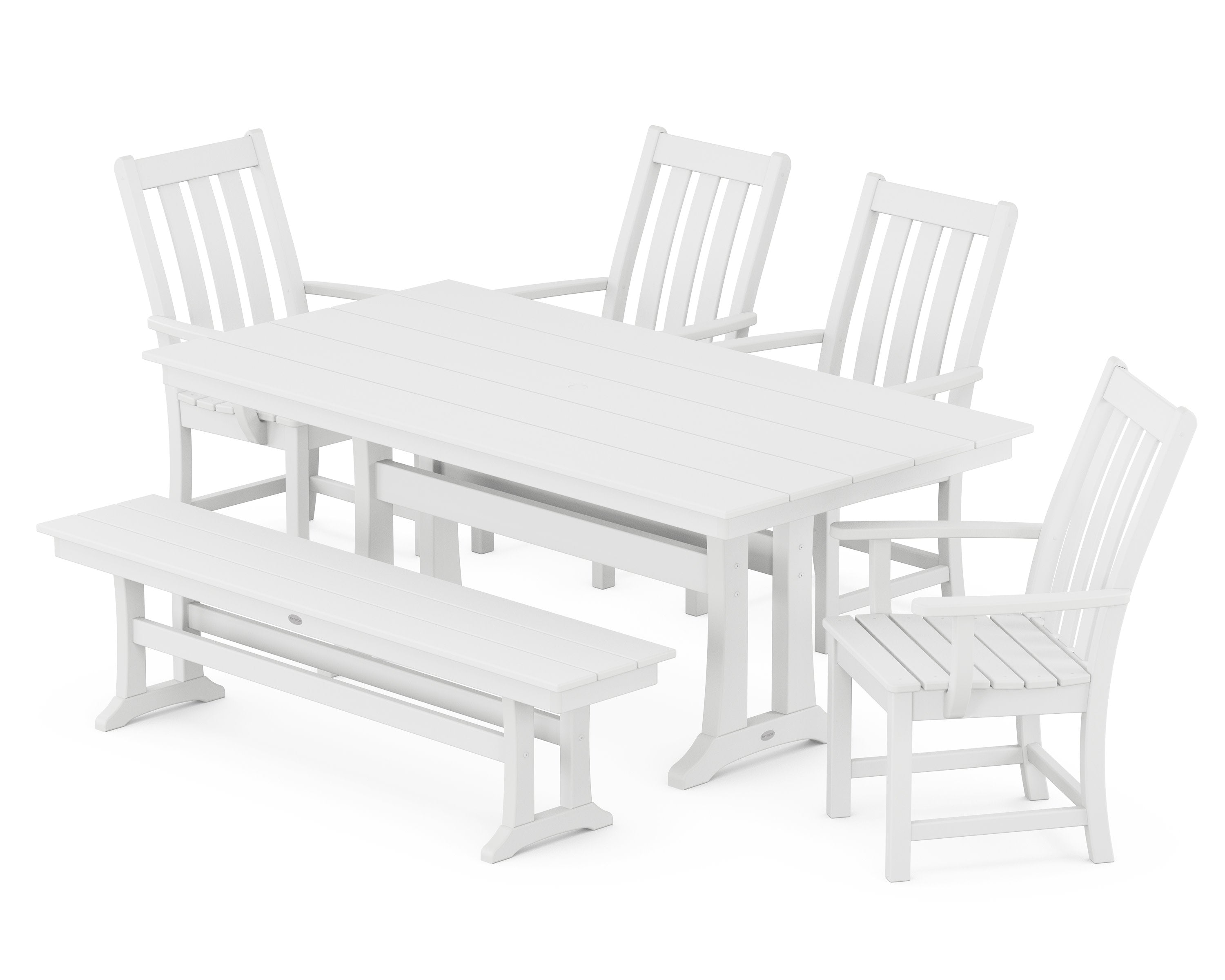 Vineyard 6-Piece Arm Chair Farmhouse Dining Set with Trestle Legs and Bench in White