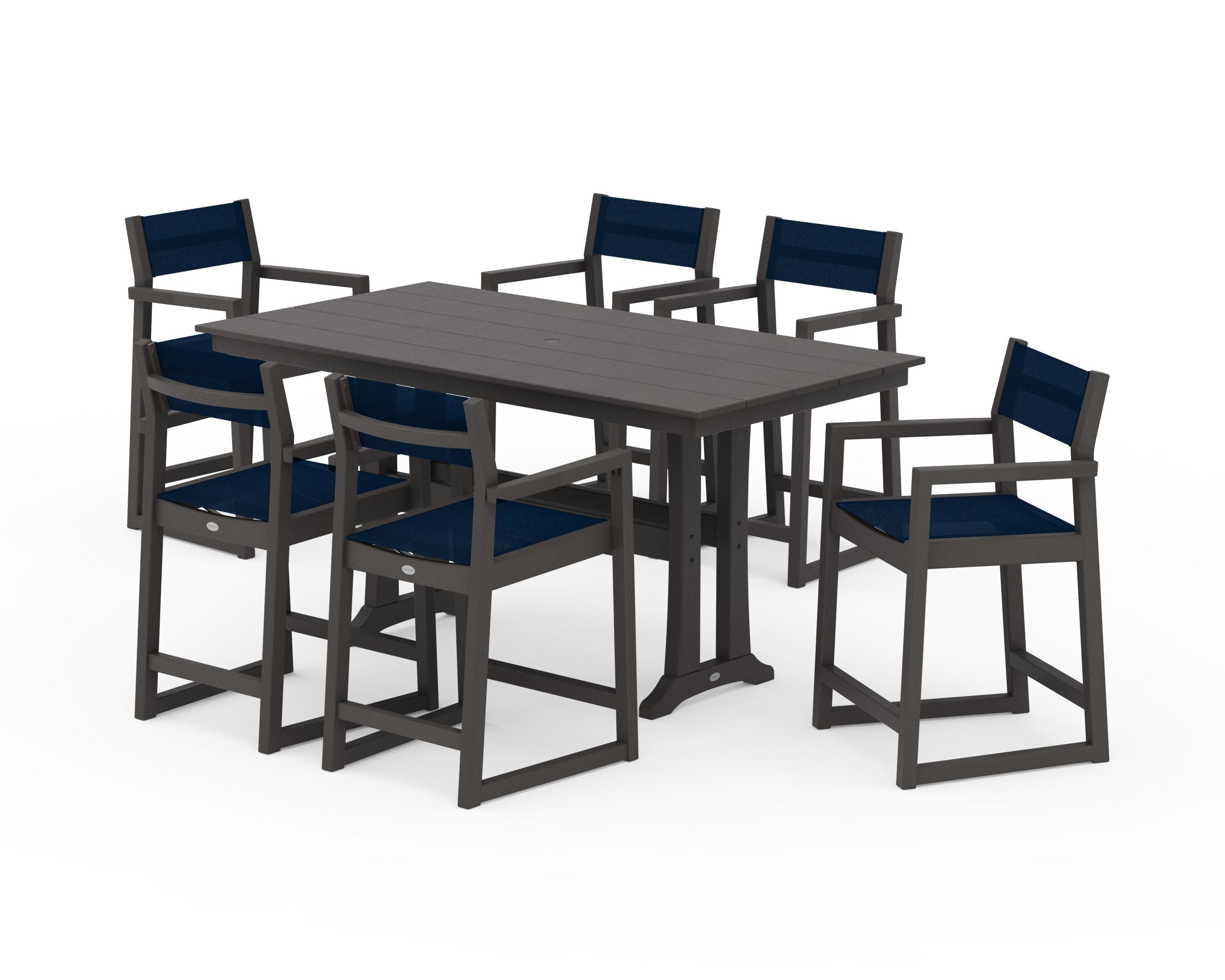 EDGE Sling Arm Chair 7-Piece Farmhouse Counter Set with Trestle Legs in Vintage Coffee / Navy Blue Sling