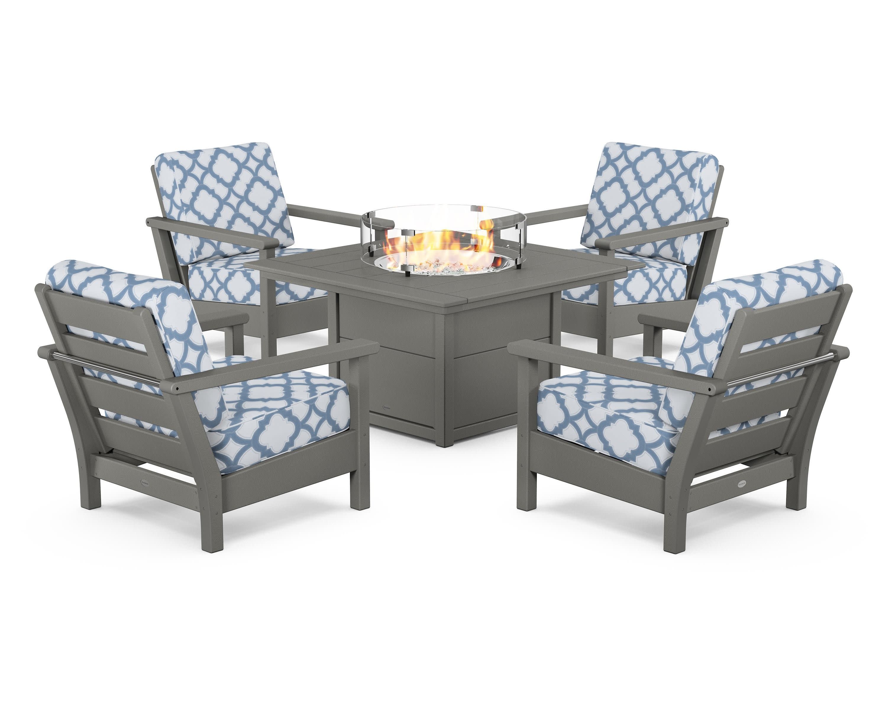 Harbour 5-Piece Conversation Set with Fire Pit Table in Slate Grey / Trellis Sky Blue