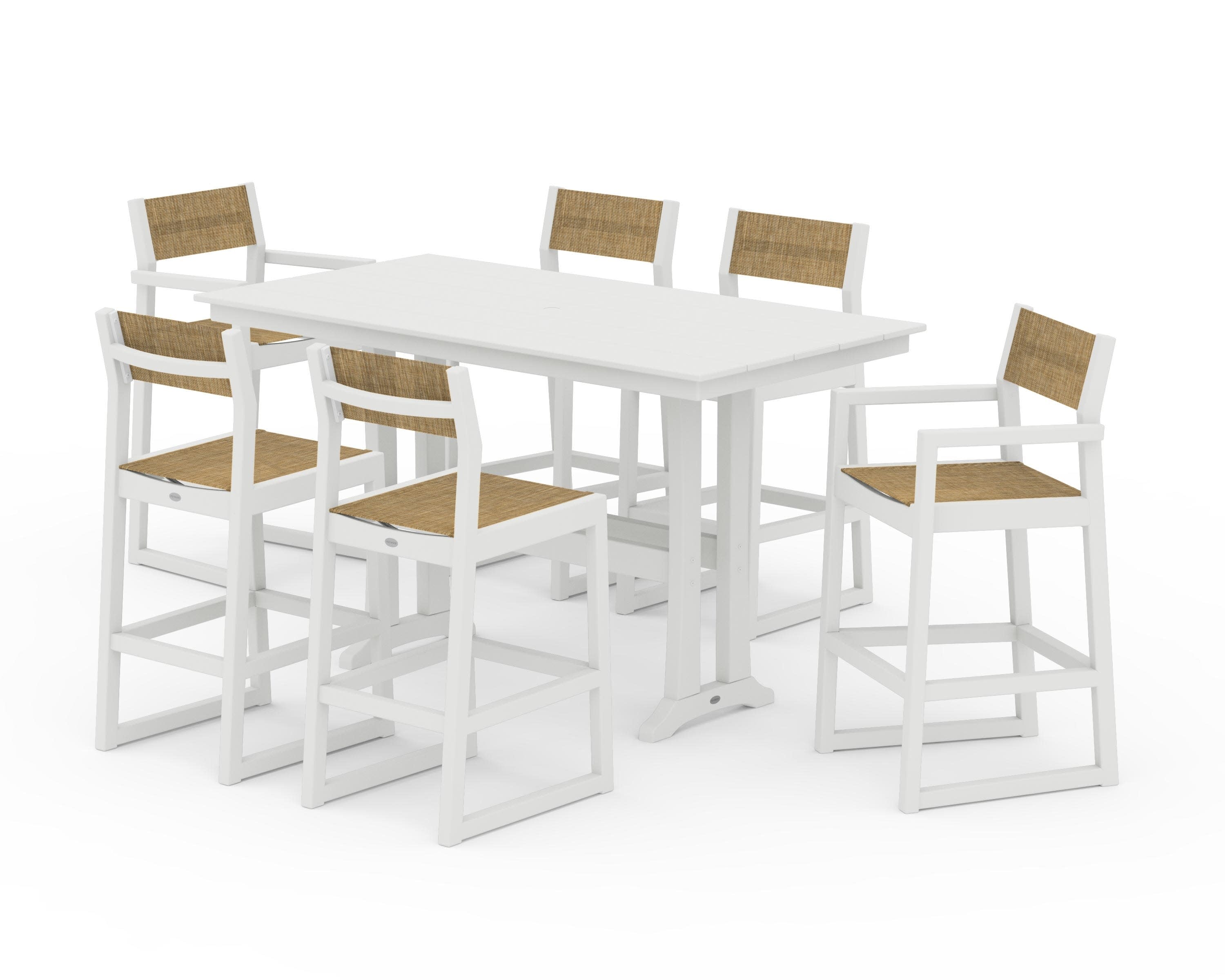 EDGE Sling 7-Piece Farmhouse Bar Set with Trestle Legs in Vintage White / Burlap Sling