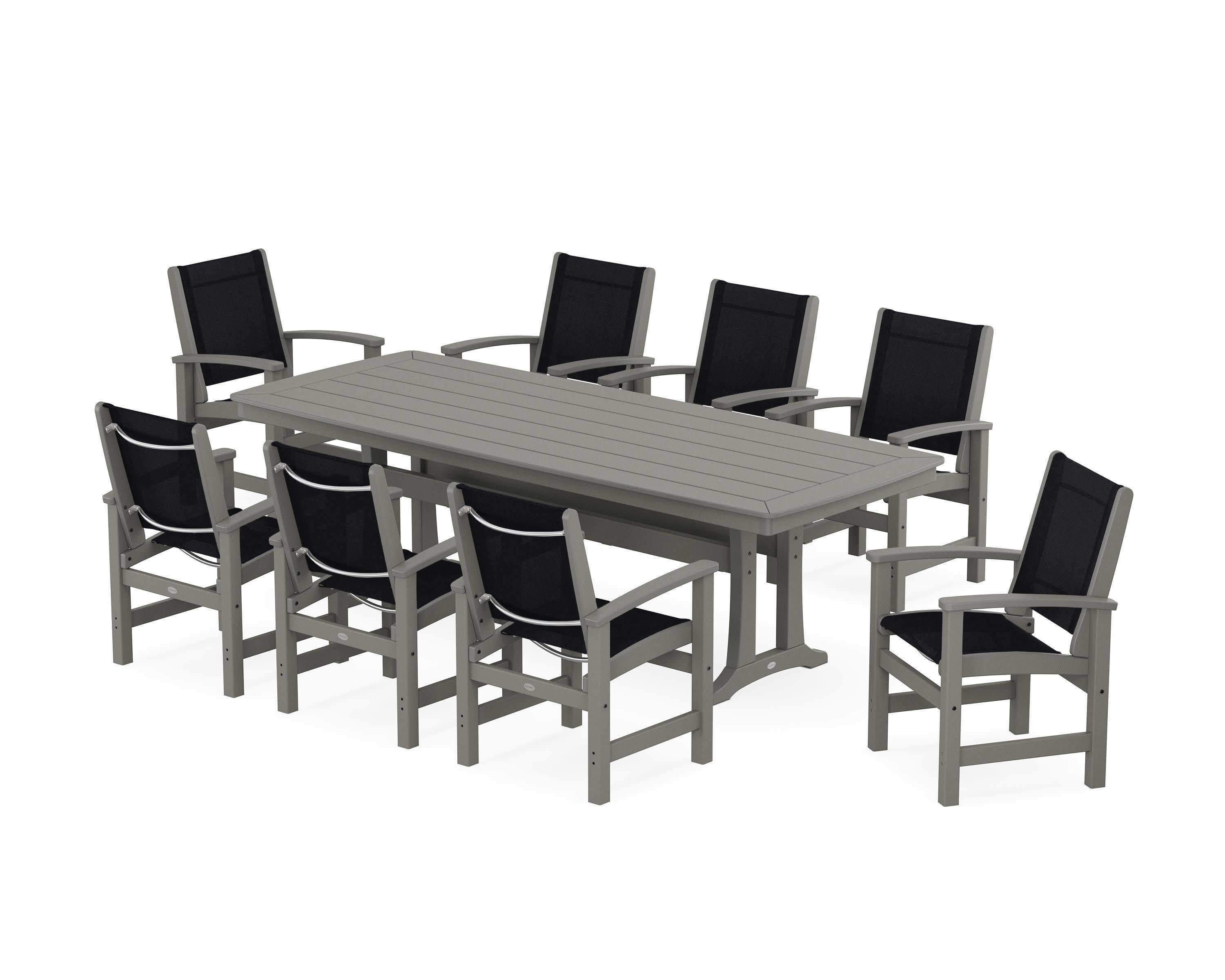 Coastal 9-Piece Dining Set with Trestle Legs in Slate Grey / Black Sling