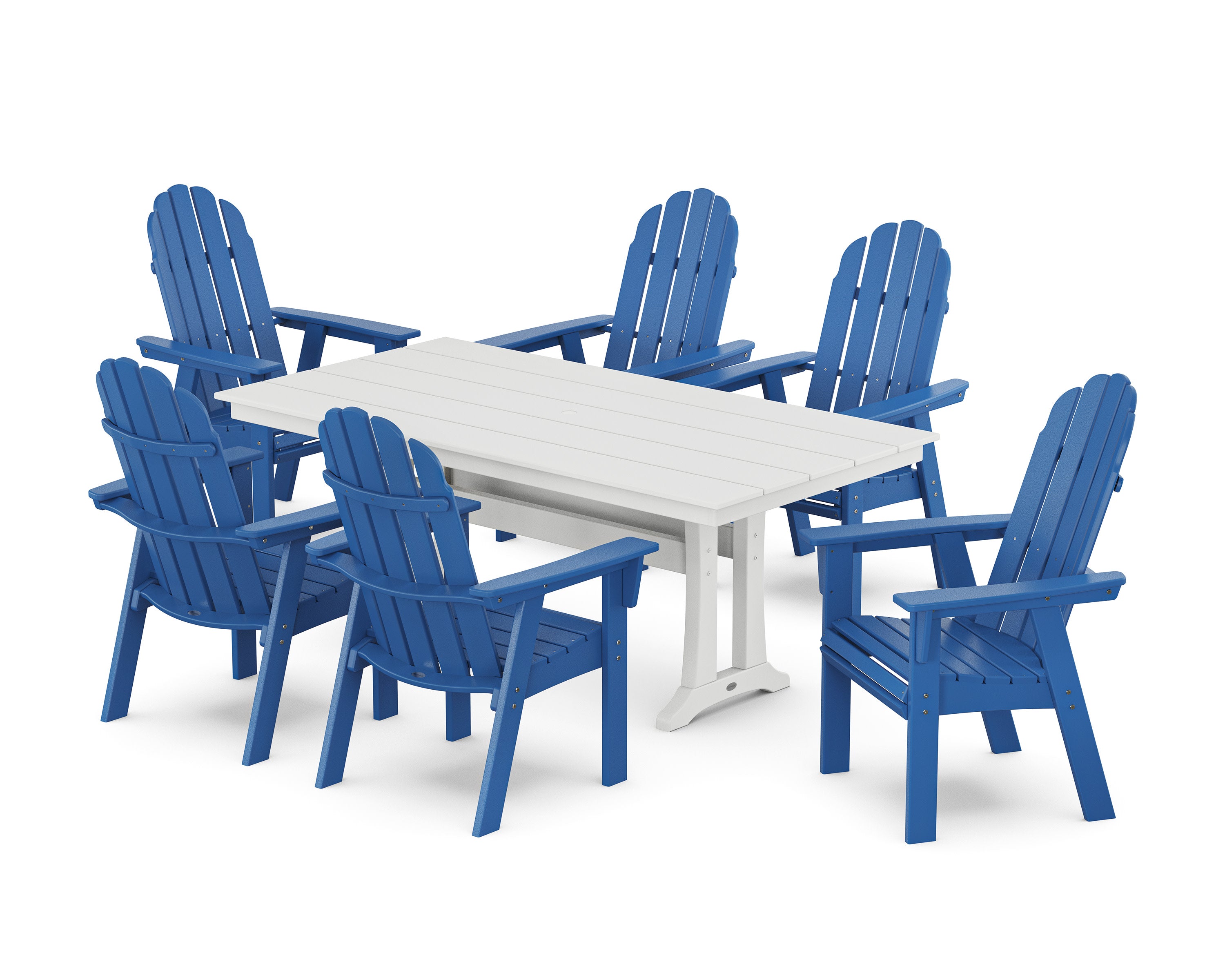 Vineyard Curveback Adirondack Chair 7-Piece Farmhouse Dining Set with Trestle Legs in Pacific Blue / White