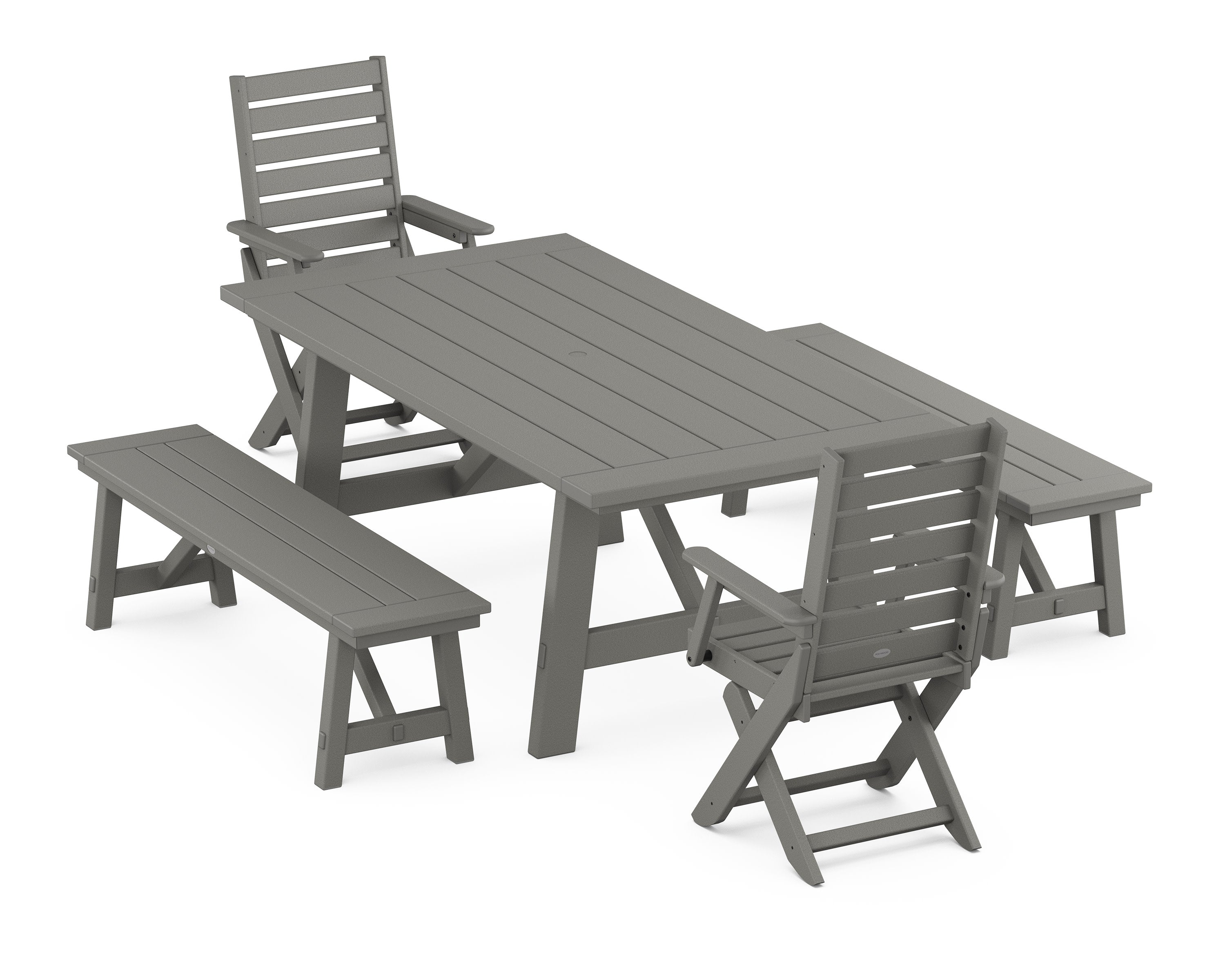Captain Folding Chair 5-Piece Rustic Farmhouse Dining Set With Benches in Slate Grey