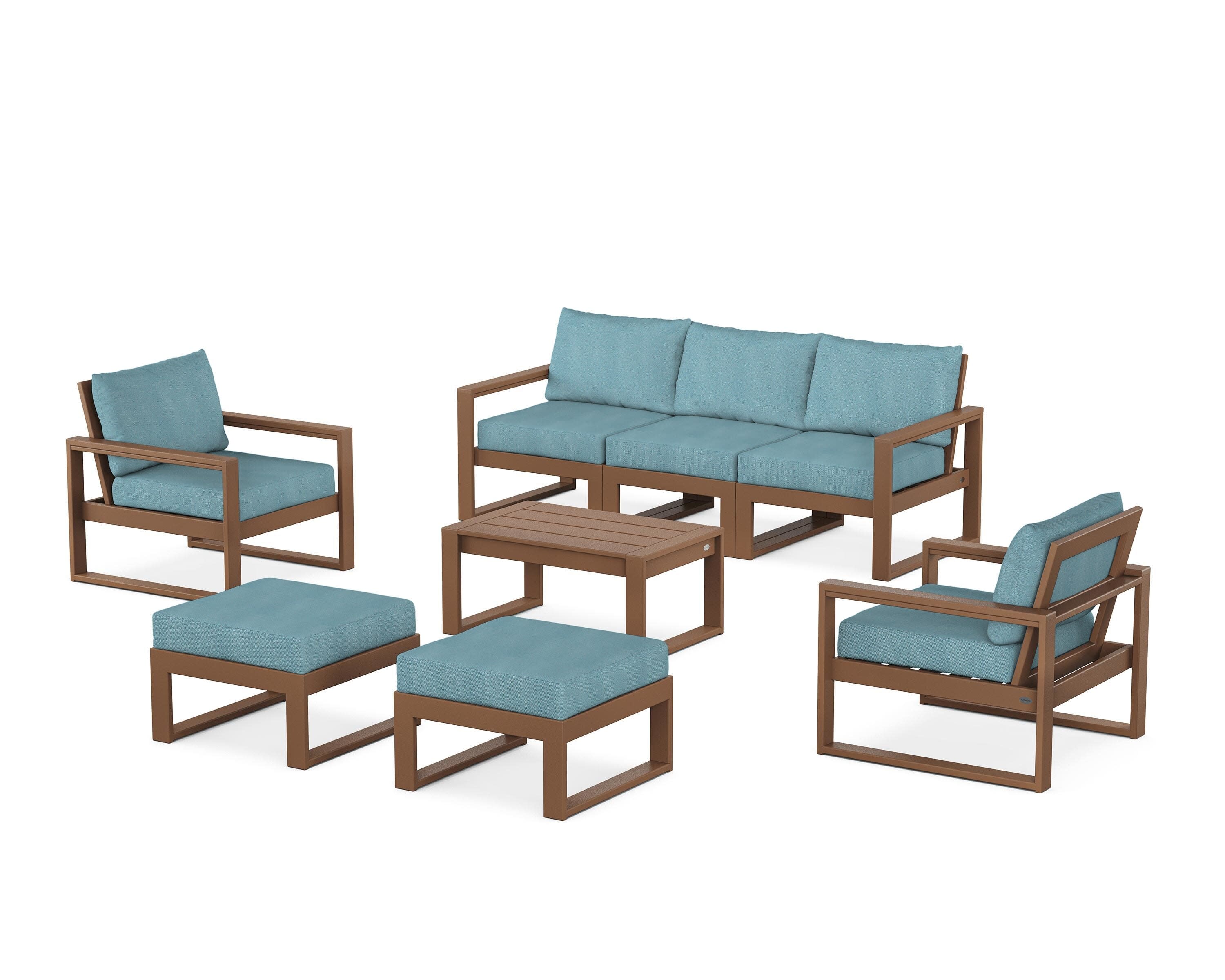 EDGE Sectional 8-Piece Lounge Sofa Set in Teak / Lattice Sky Blue