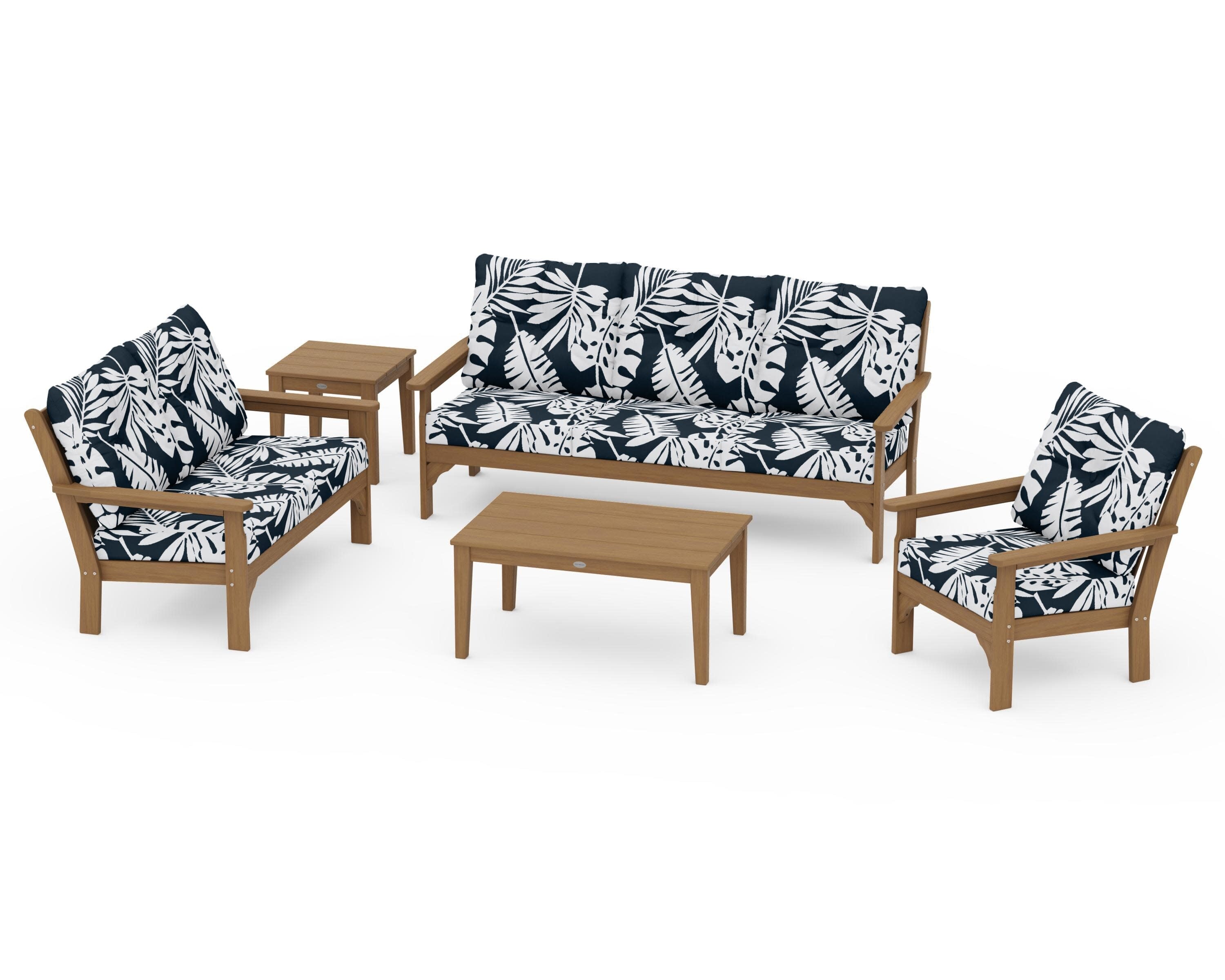 Vineyard 5 Piece Deep Seating Set in Natural / Leaf Marine Indigo