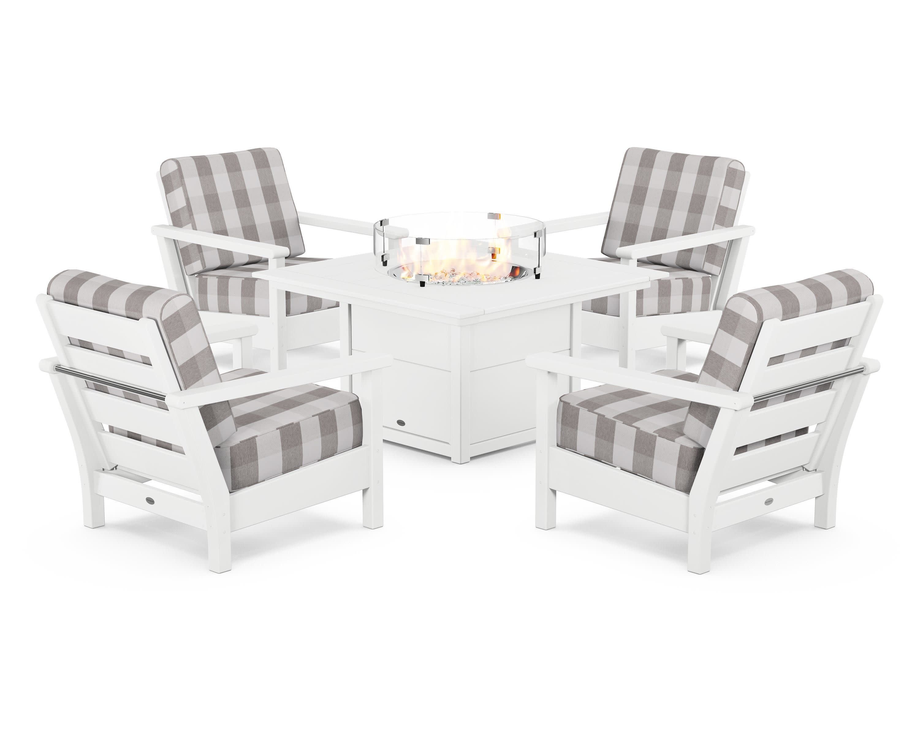 Harbour 5-Piece Conversation Set with Fire Pit Table in White / Buffalo Plaid Grey Mist