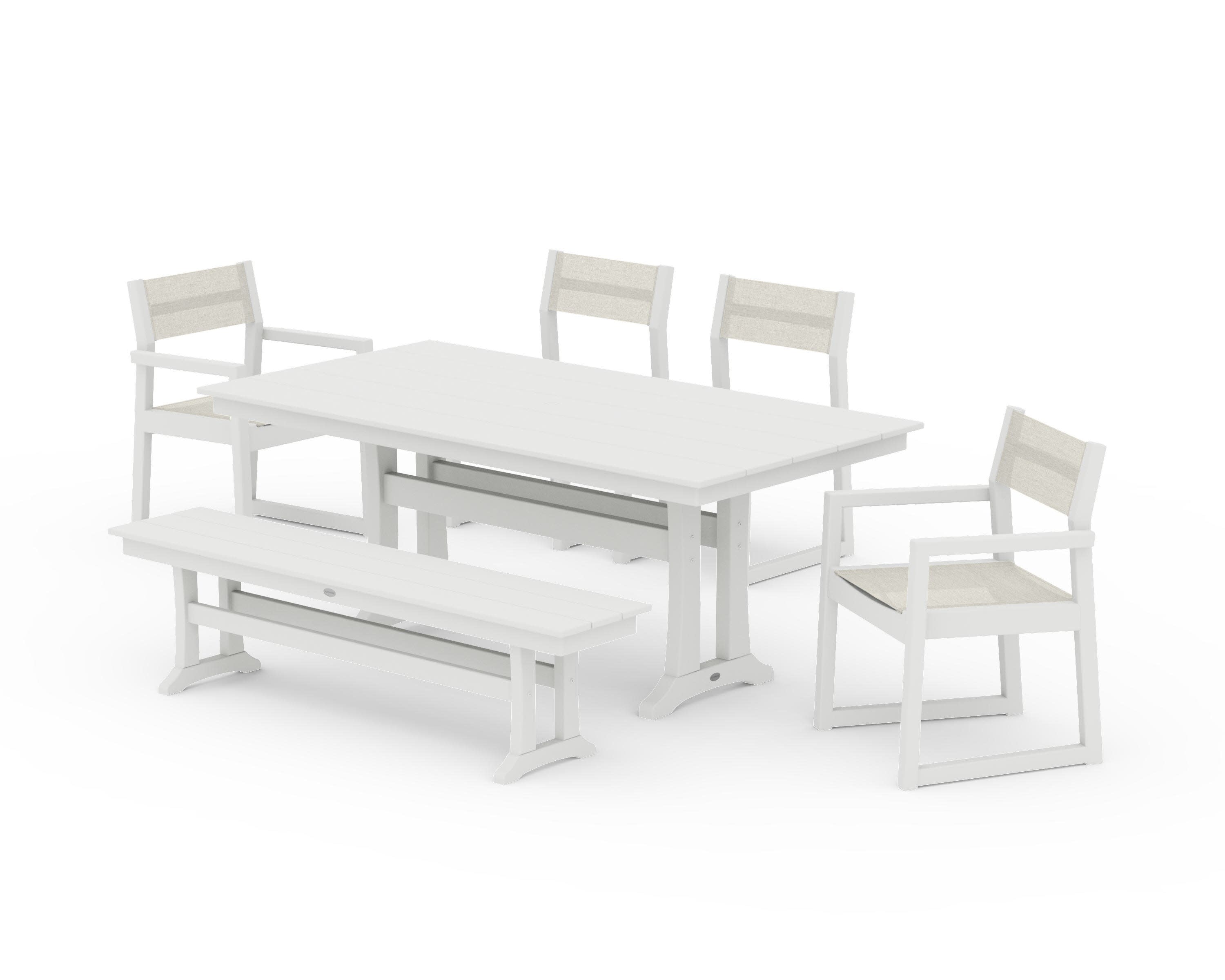EDGE Sling 6-Piece Farmhouse Dining Set With Trestle Legs in Vintage White / Parchment Sling