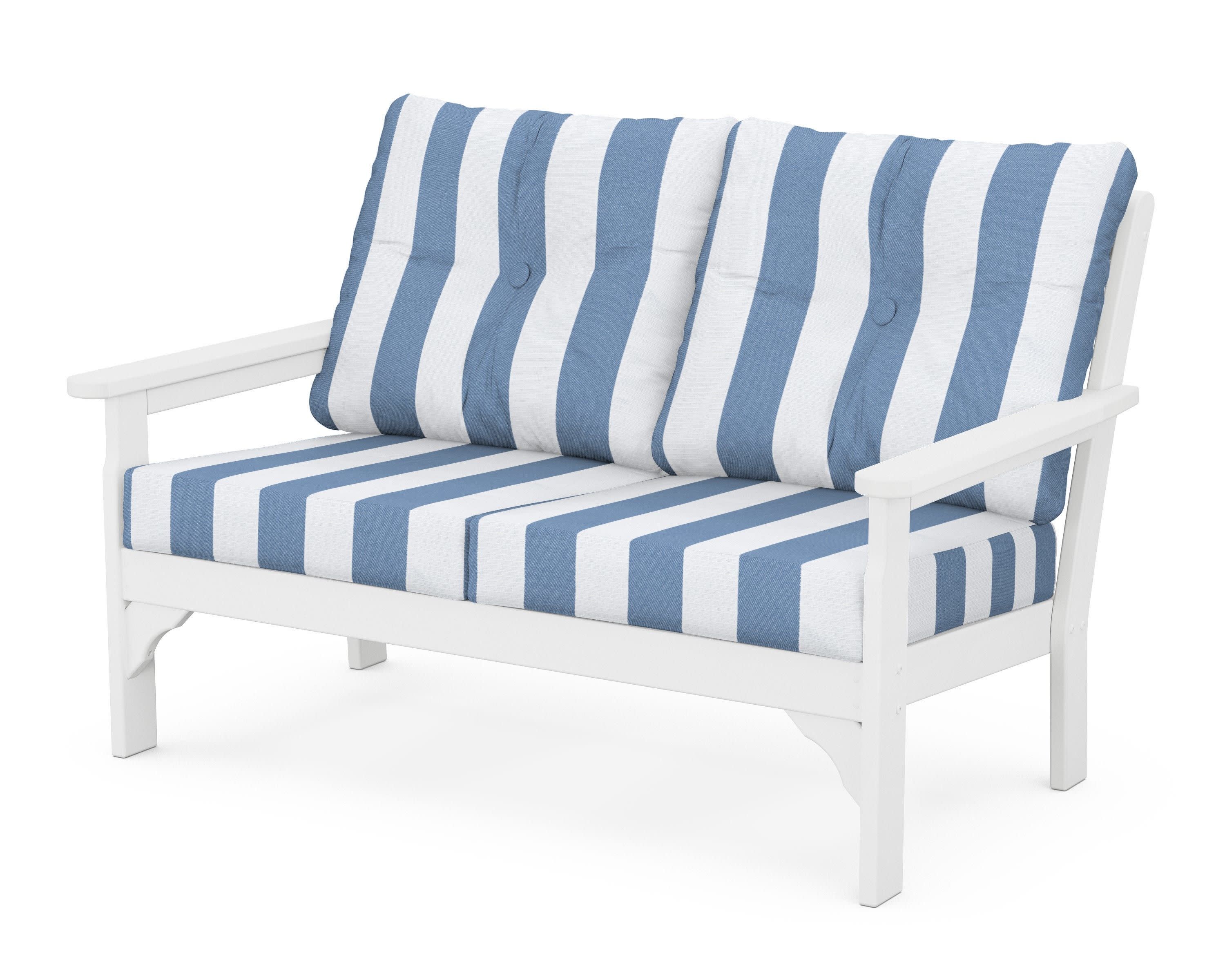 Vineyard Deep Seating Loveseat in White / Cabana Stripe Sky Blue