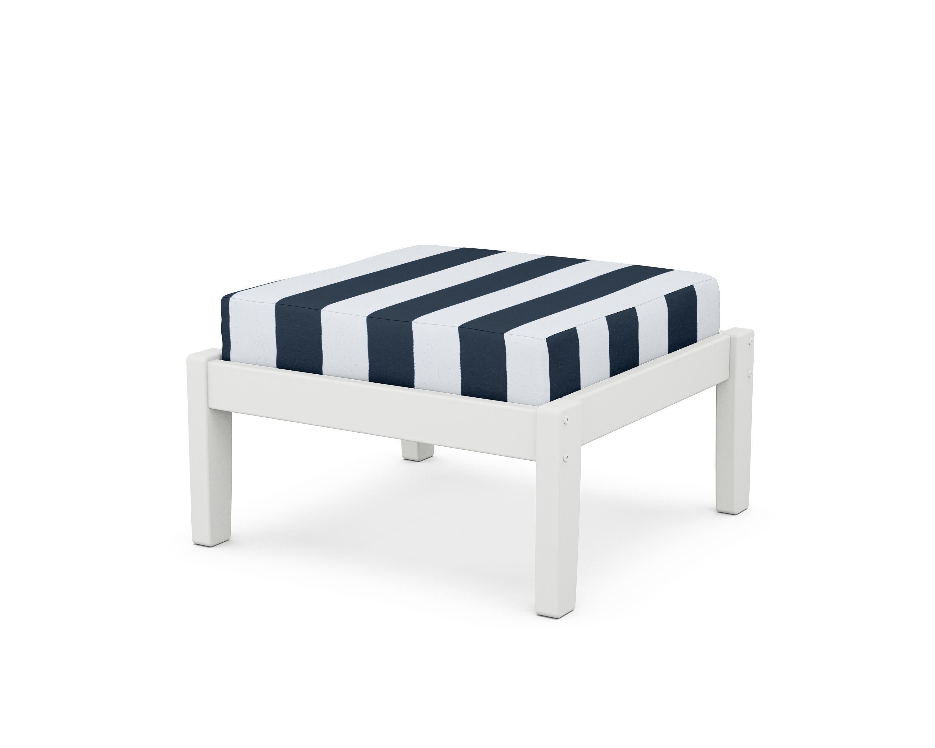 Deep Seating Ottoman in White / Cabana Stripe Marine Indigo