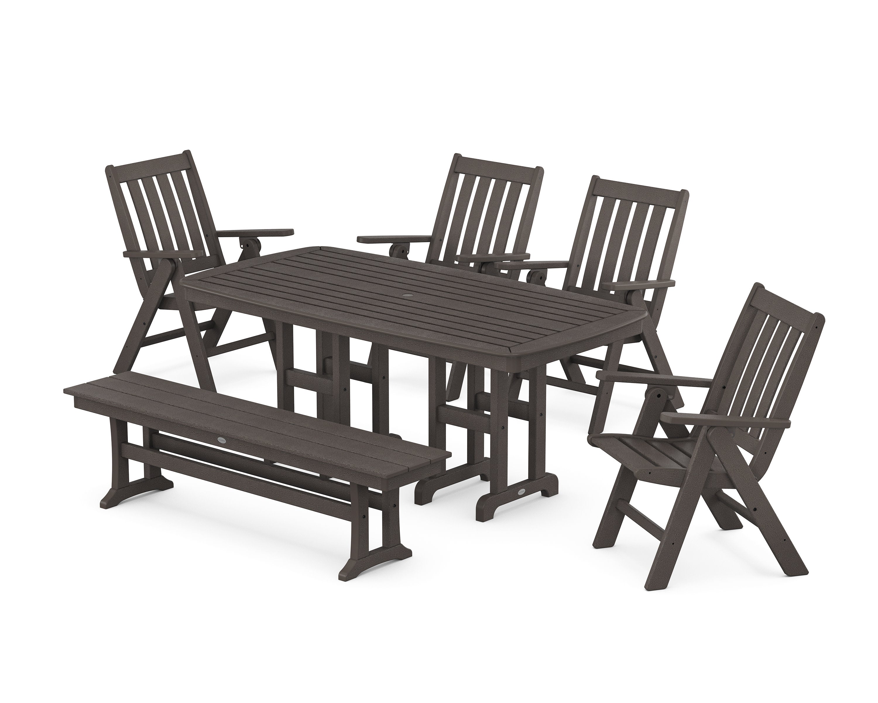 Vineyard Folding Chair 6-Piece Dining Set with Bench in Vintage Coffee
