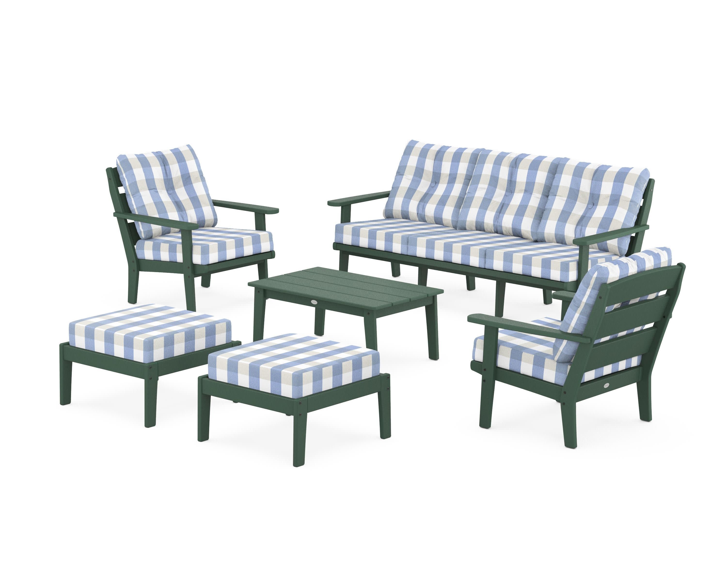 Lakeside 6-Piece Lounge Sofa Set in Green / Buffalo Plaid Sky Blue