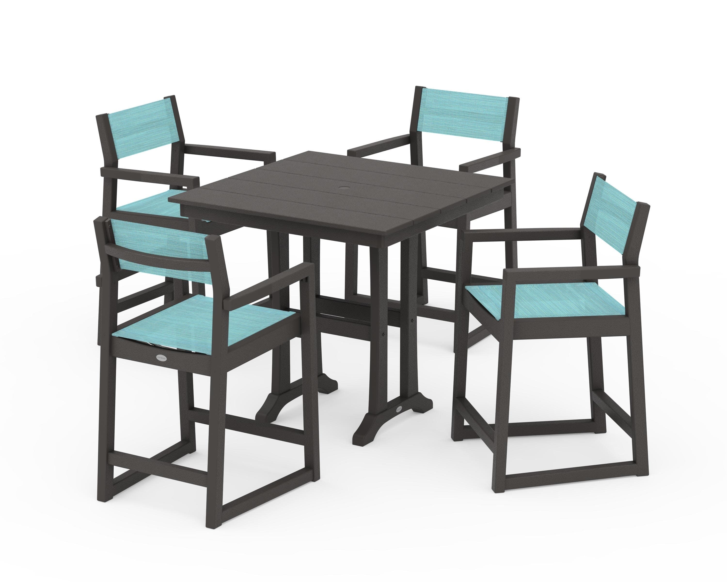 EDGE Sling Arm Chair 5-Piece Farmhouse Counter Set with Trestle Legs in Vintage Coffee / Dupioni Aquamarine Sling