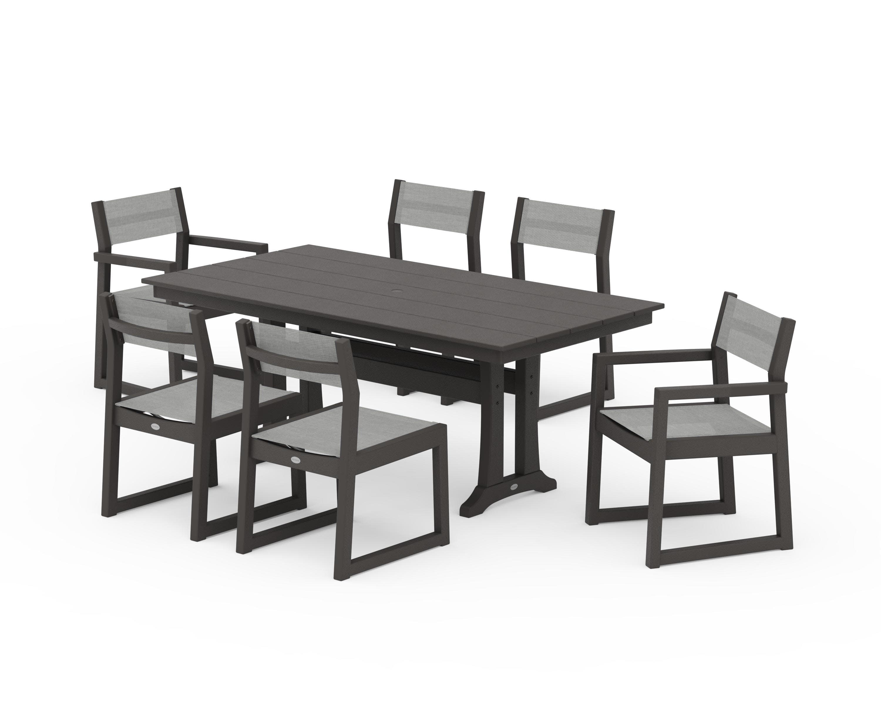 EDGE Sling 7-Piece Farmhouse Trestle Dining Set in Vintage Coffee / Metallic Sling