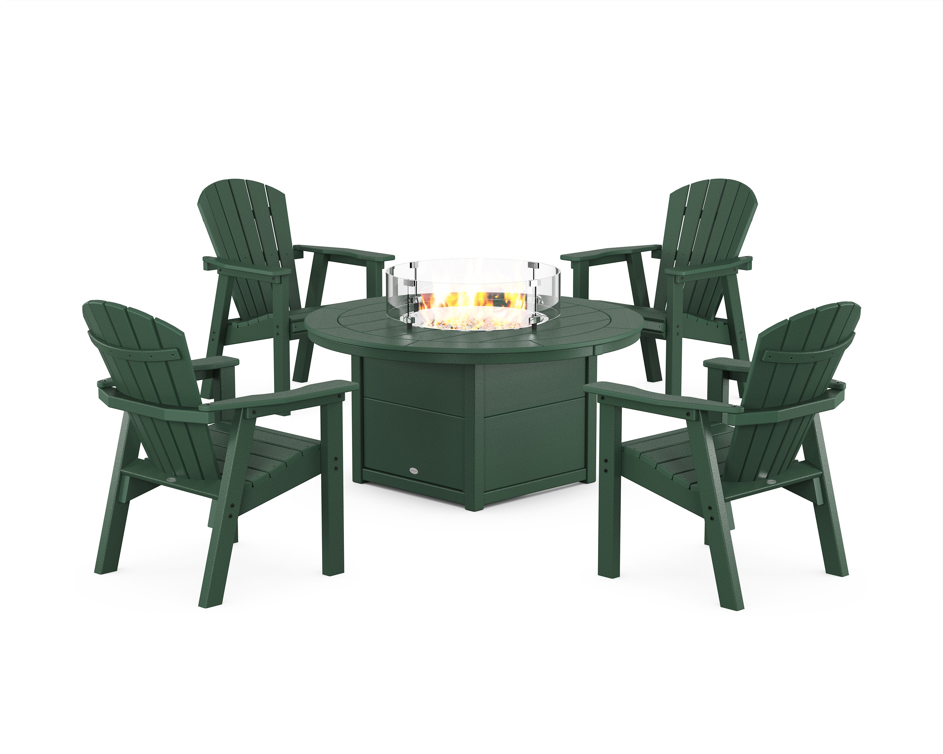 Seashell 4-Piece Upright Adirondack Conversation Set with Fire Pit Table in Green