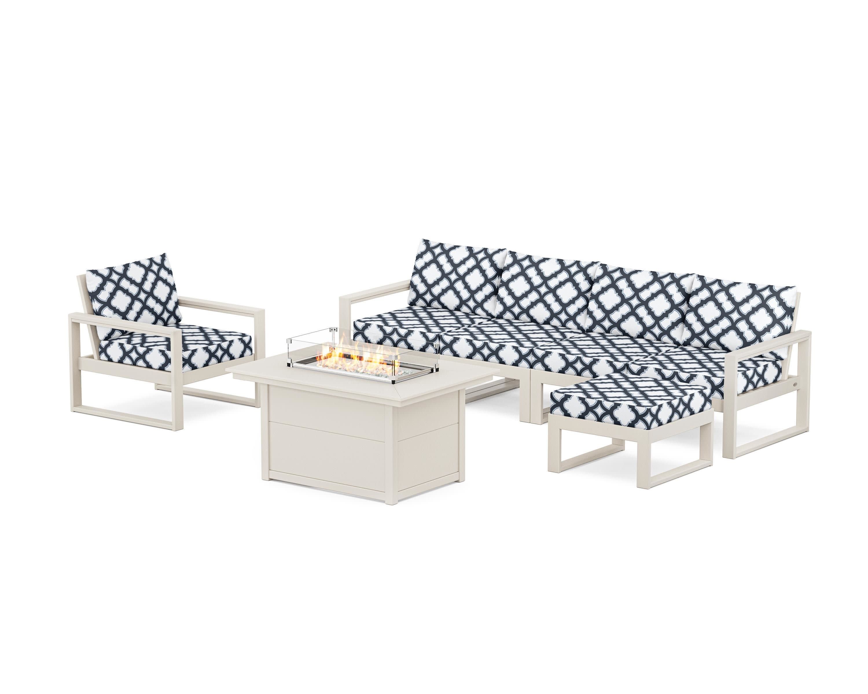 EDGE Sectional Lounge and Fire Pit Set in Sand / Trellis Marine Indigo
