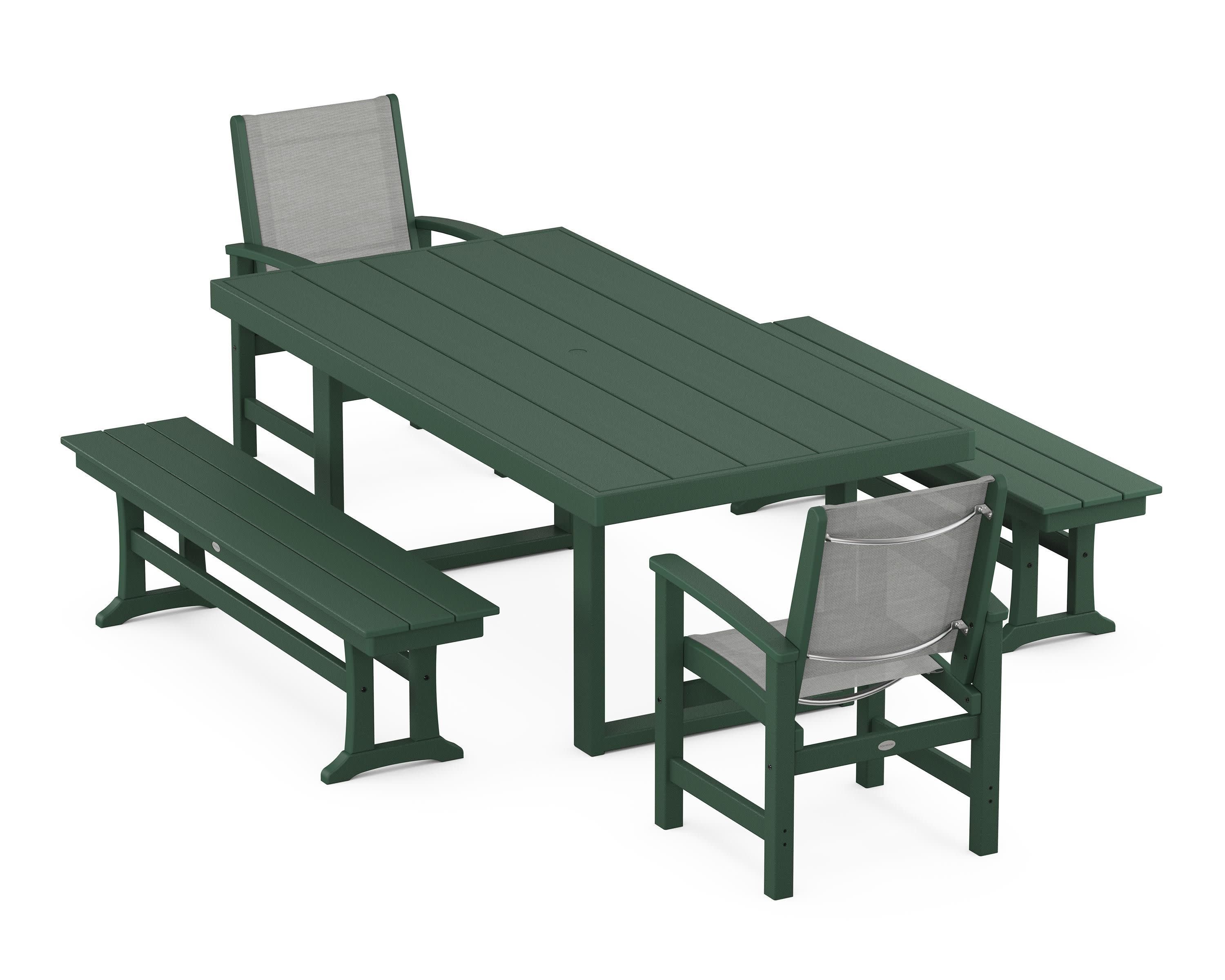 Coastal 5-Piece Dining Set with Trestle Legs in Green / Metallic Sling