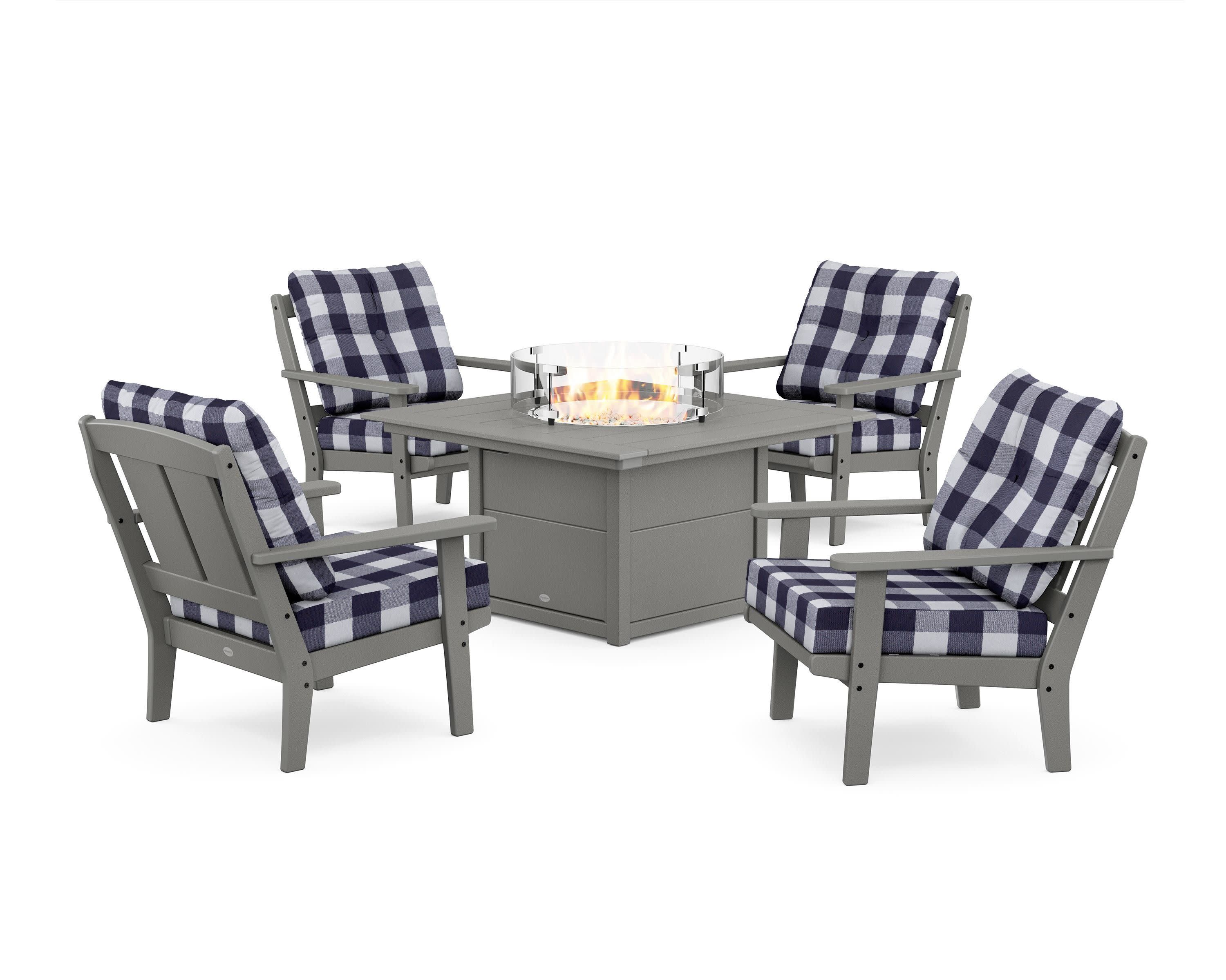 Mission 5-Piece Deep Seating Set with Fire Pit Table in Slate Grey / Buffalo Plaid Navy