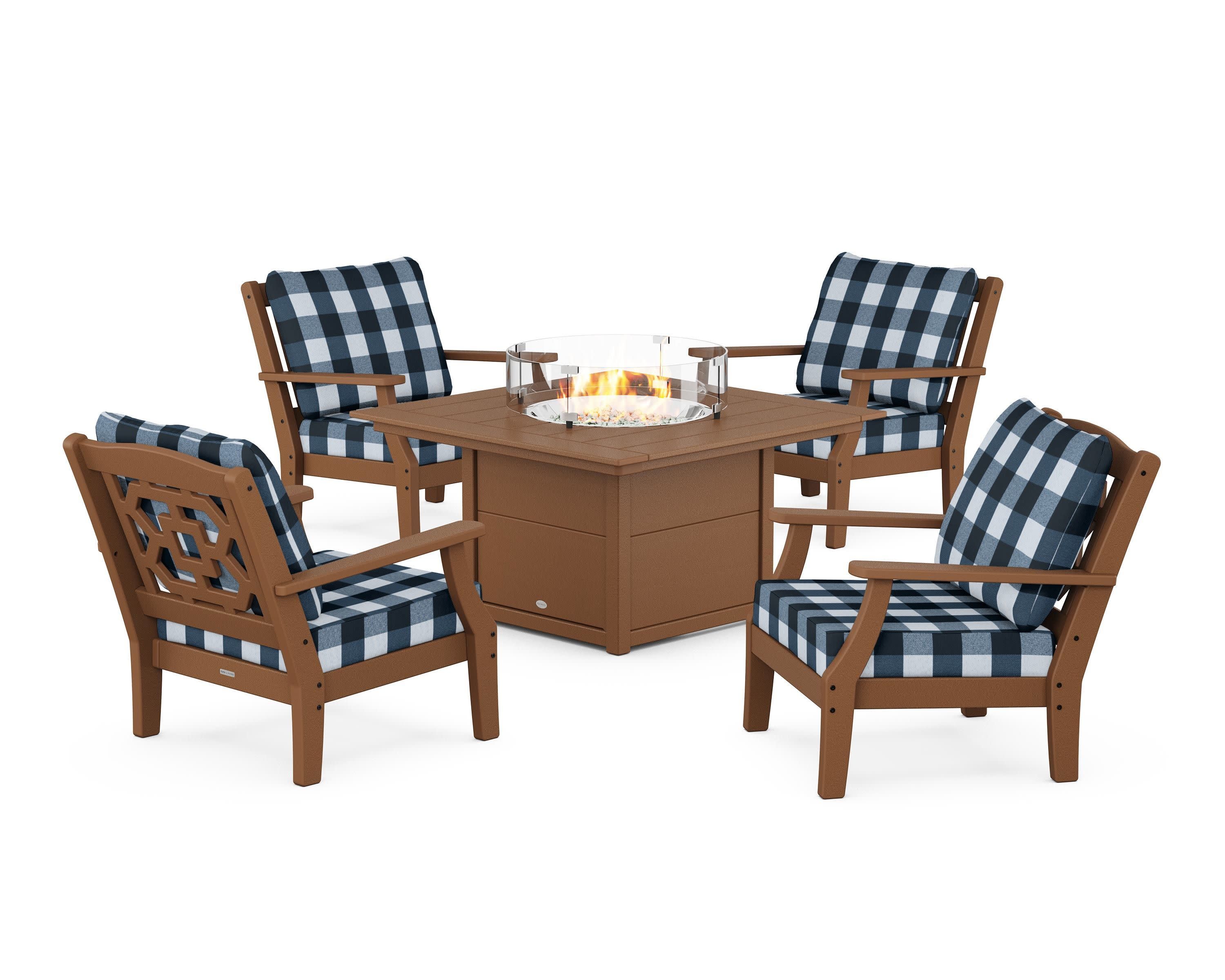 Chinoiserie 5-Piece Deep Seating Set with Fire Pit Table in Teak / Buffalo Plaid Marine Indigo