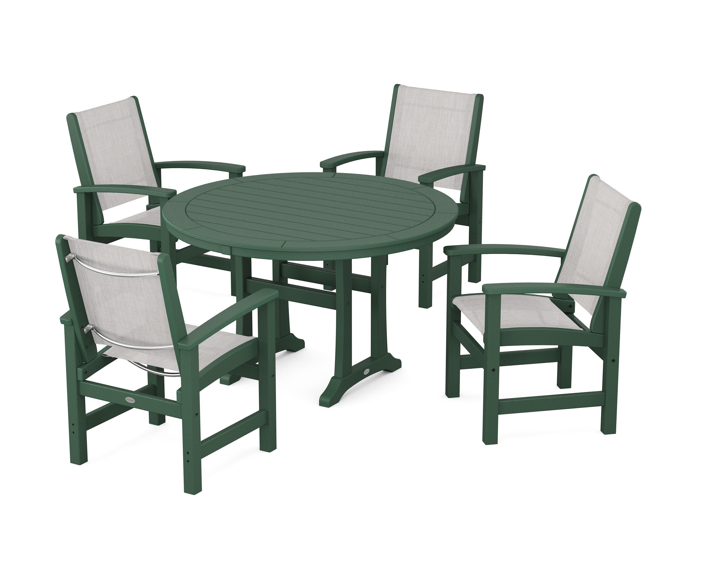 Coastal 5-Piece Round Dining Set with Trestle Legs in Green / Parchment Sling
