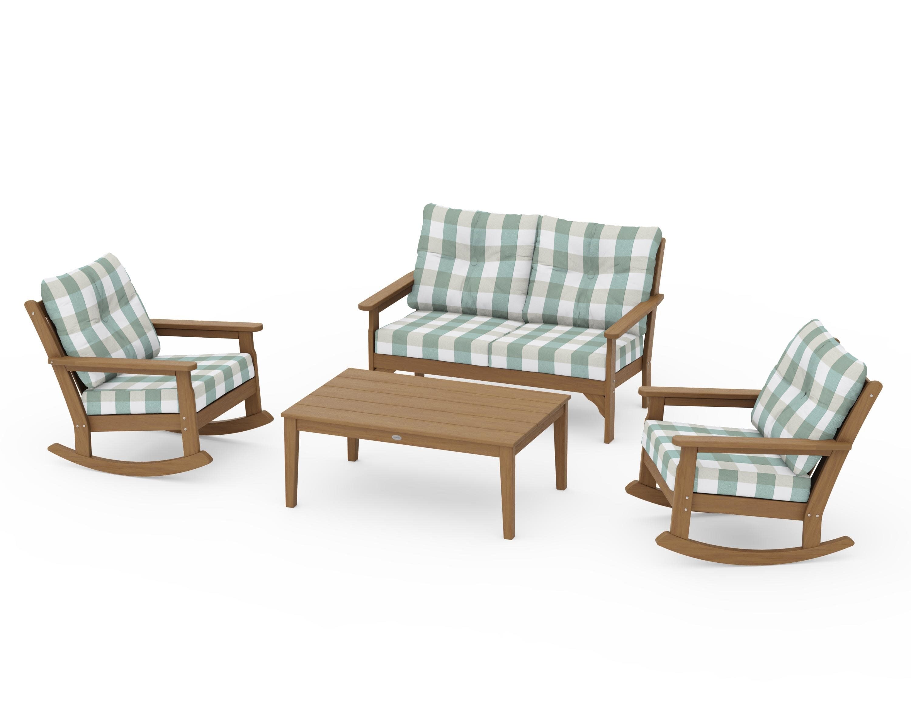 Vineyard 4-Piece Deep Seating Rocking Chair Set in Natural / Buffalo Plaid Glacier Spa